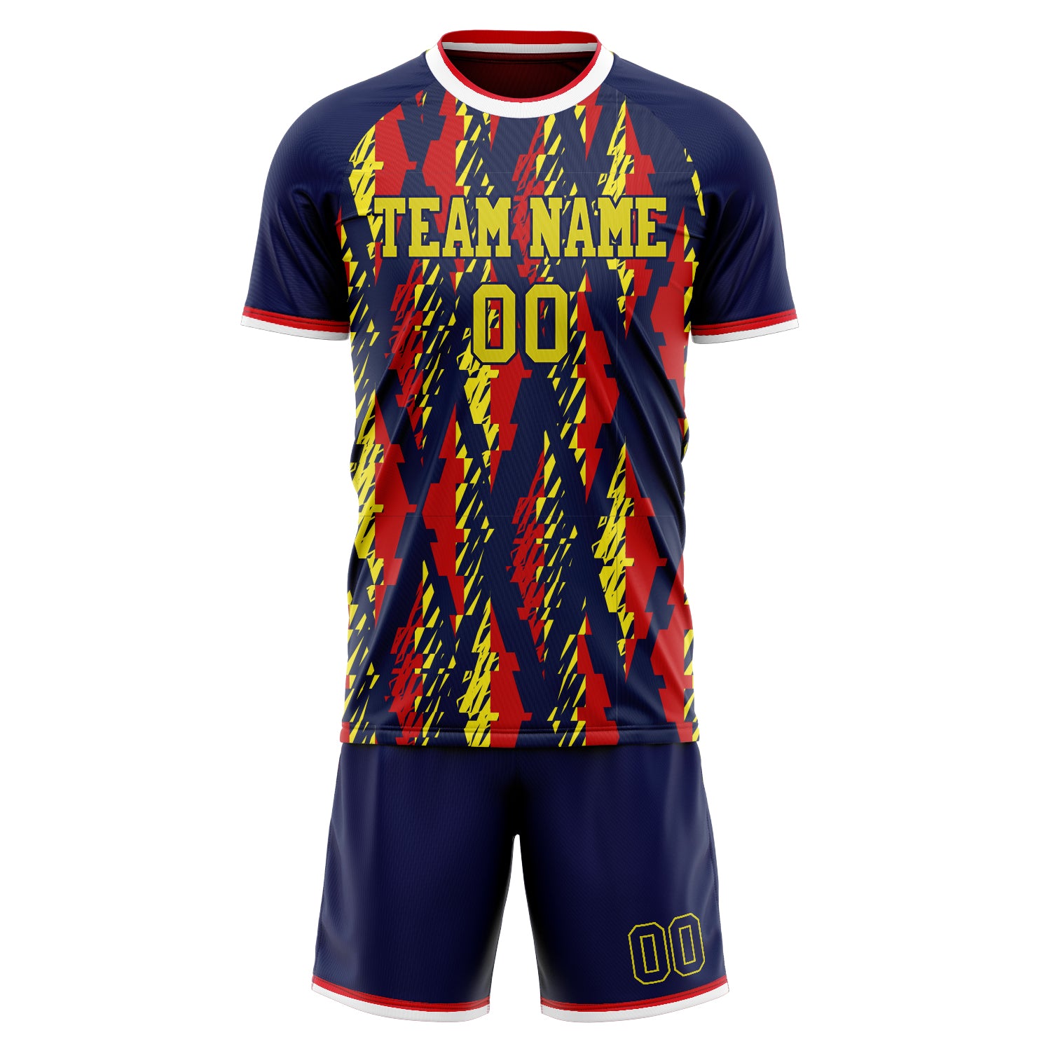 Custom Navy Red GeometricalPattern Soccer Jersey