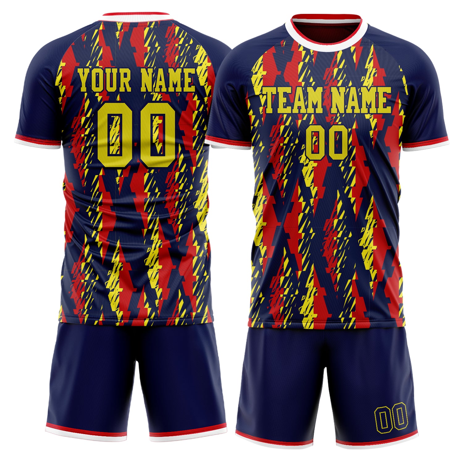 Custom Navy Red GeometricalPattern Soccer Jersey