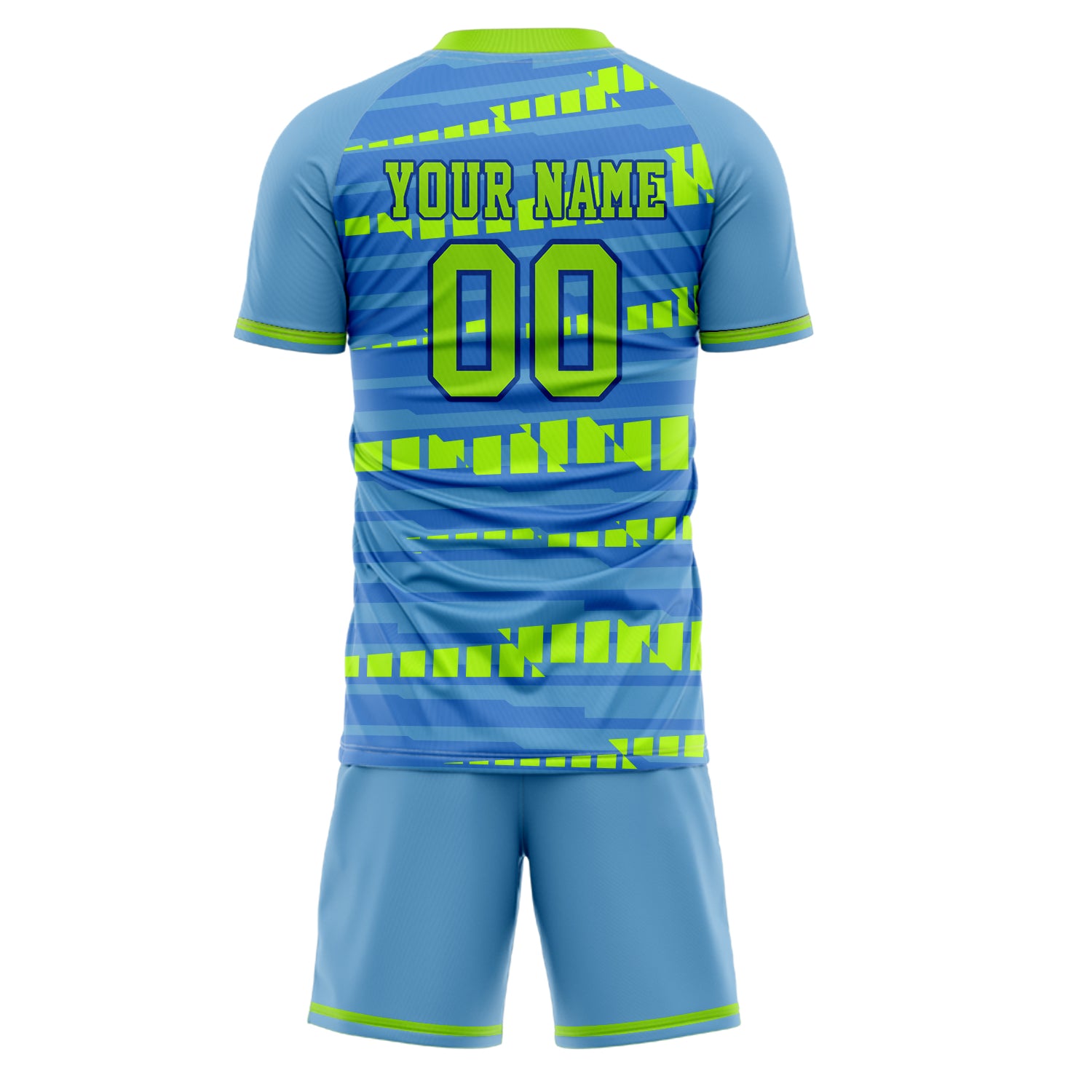 Custom Light Blue Neon Green GeometricalPattern Soccer Jersey
