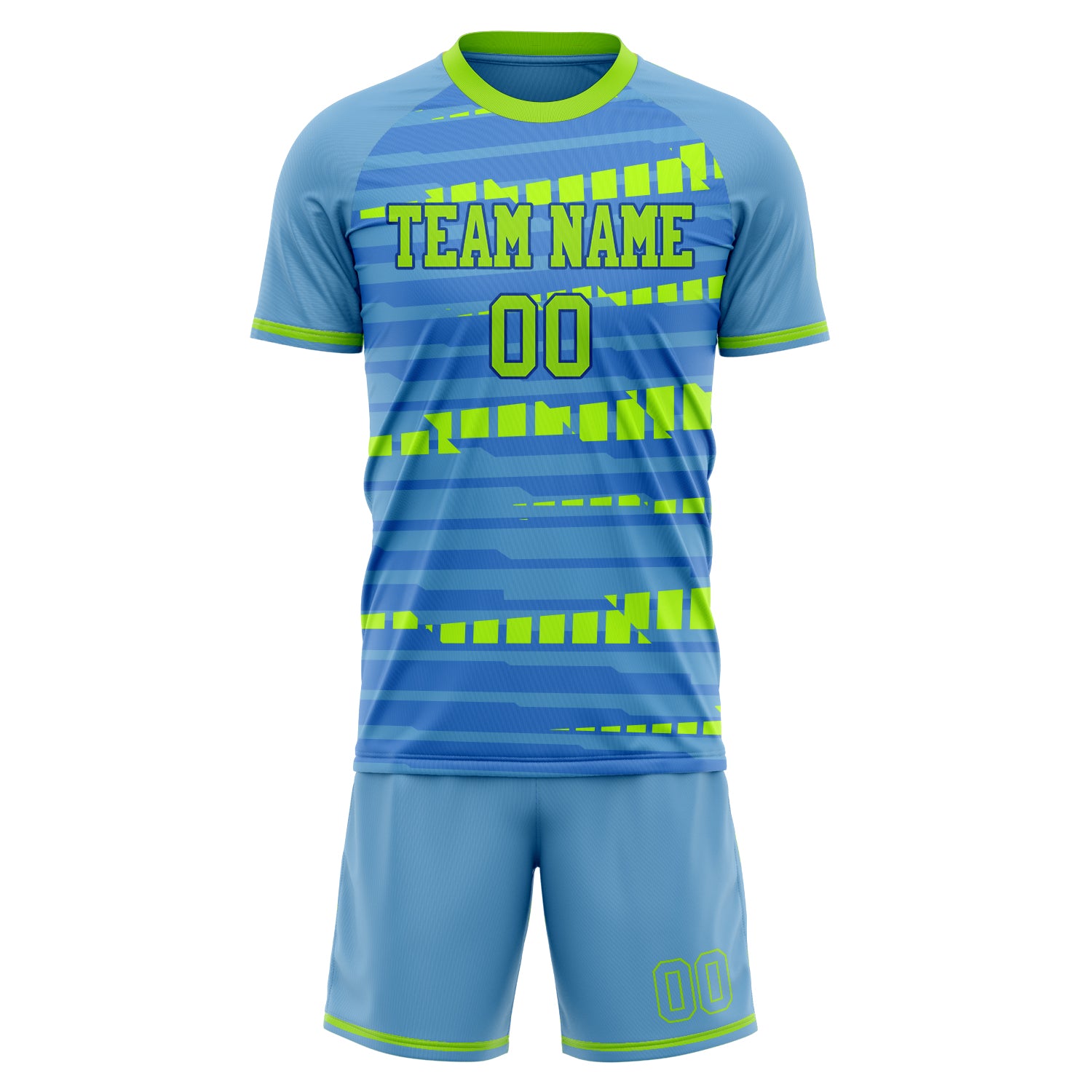 Custom Light Blue Neon Green GeometricalPattern Soccer Jersey