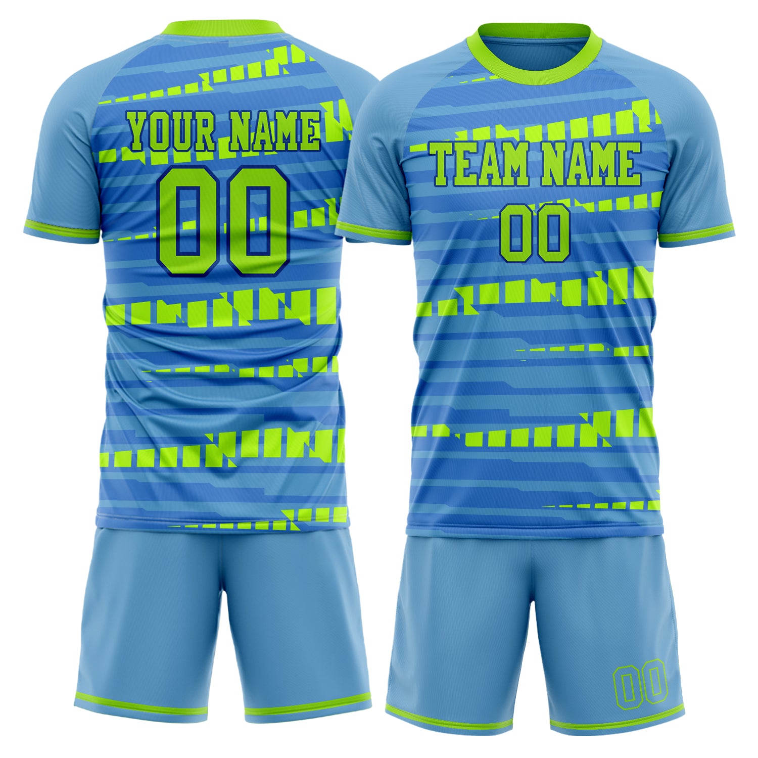 Custom Light Blue Neon Green GeometricalPattern Soccer Jersey