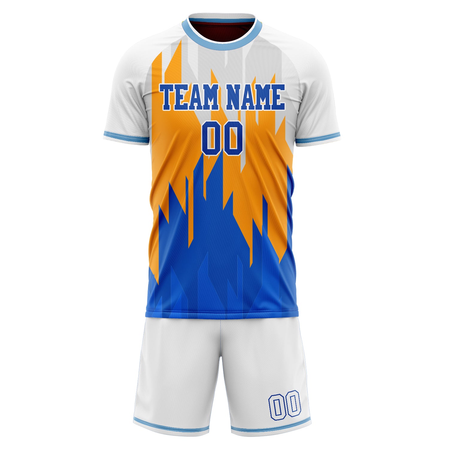 Custom White Blue GeometricalPattern Soccer Jersey