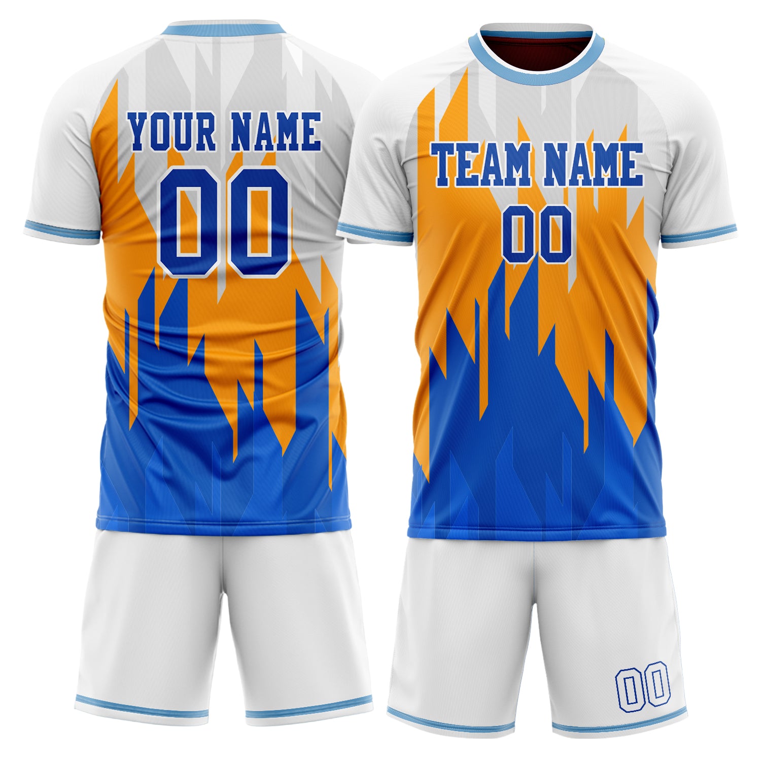 Custom White Blue GeometricalPattern Soccer Jersey
