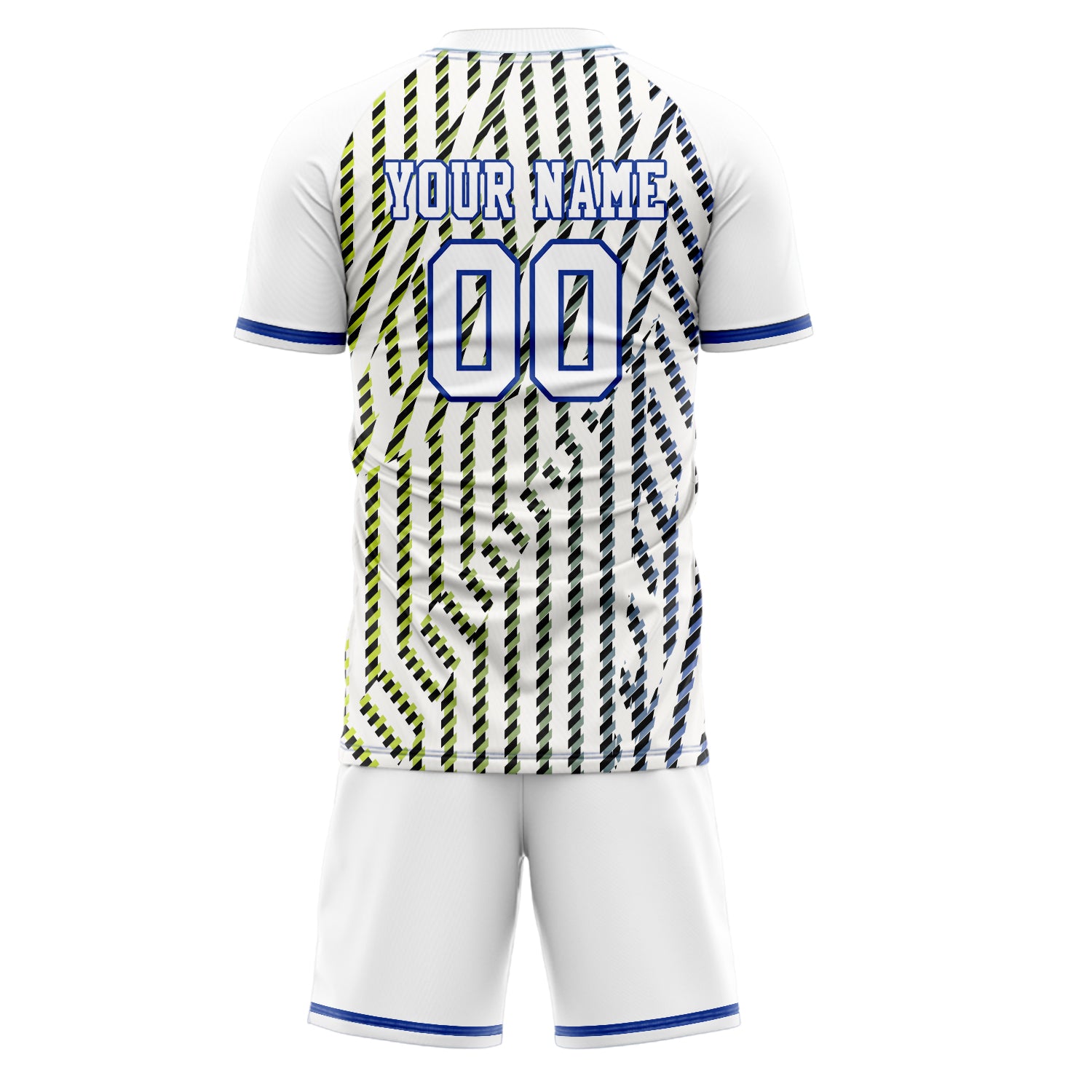 Custom White Blue GeometricalPattern Soccer Jersey
