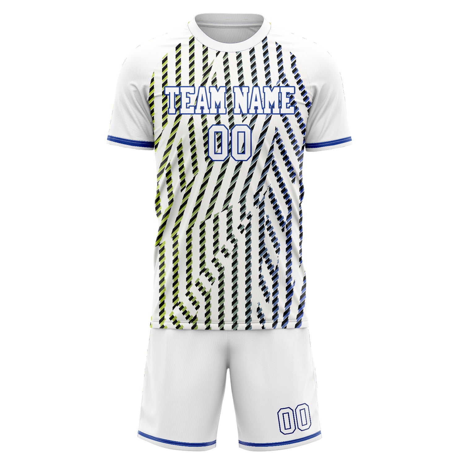 Custom White Blue GeometricalPattern Soccer Jersey