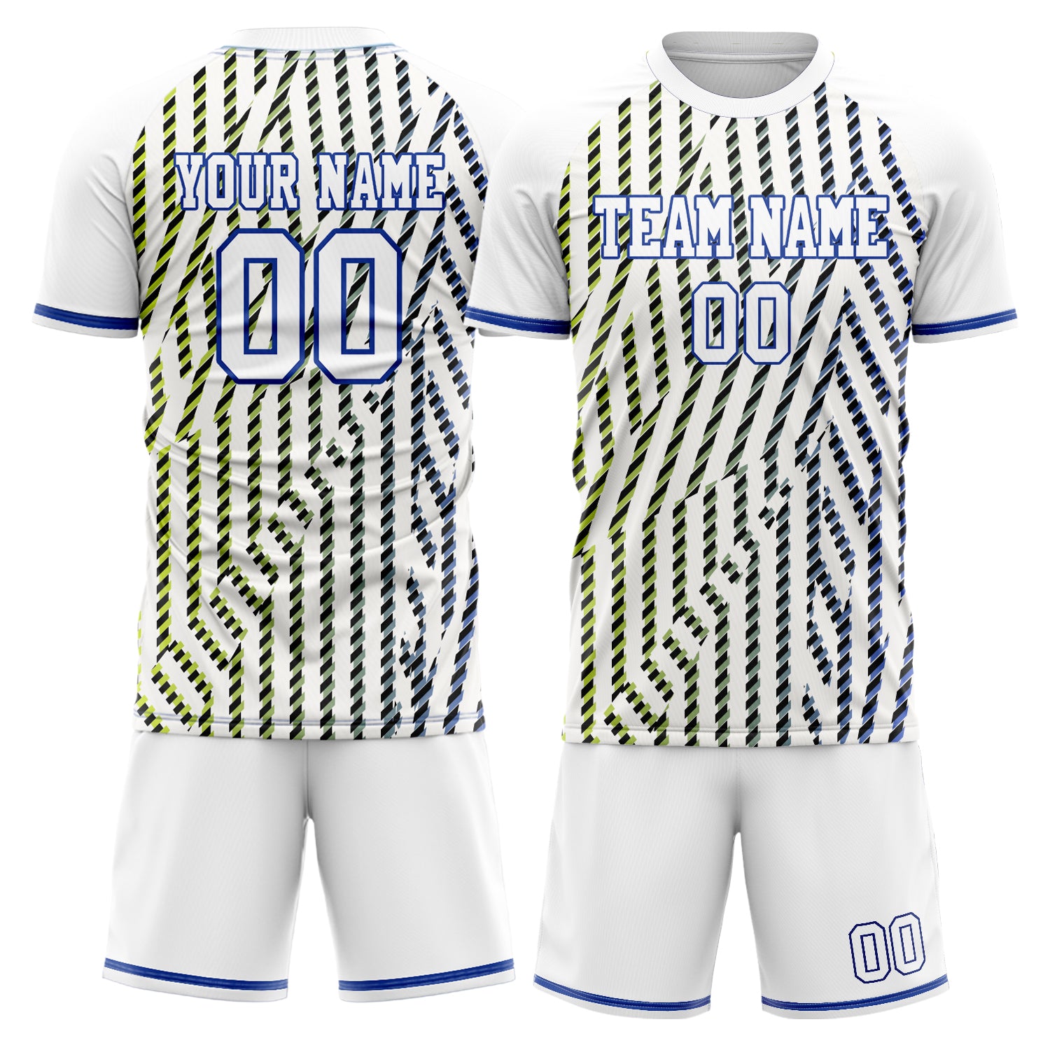 Custom White Blue GeometricalPattern Soccer Jersey