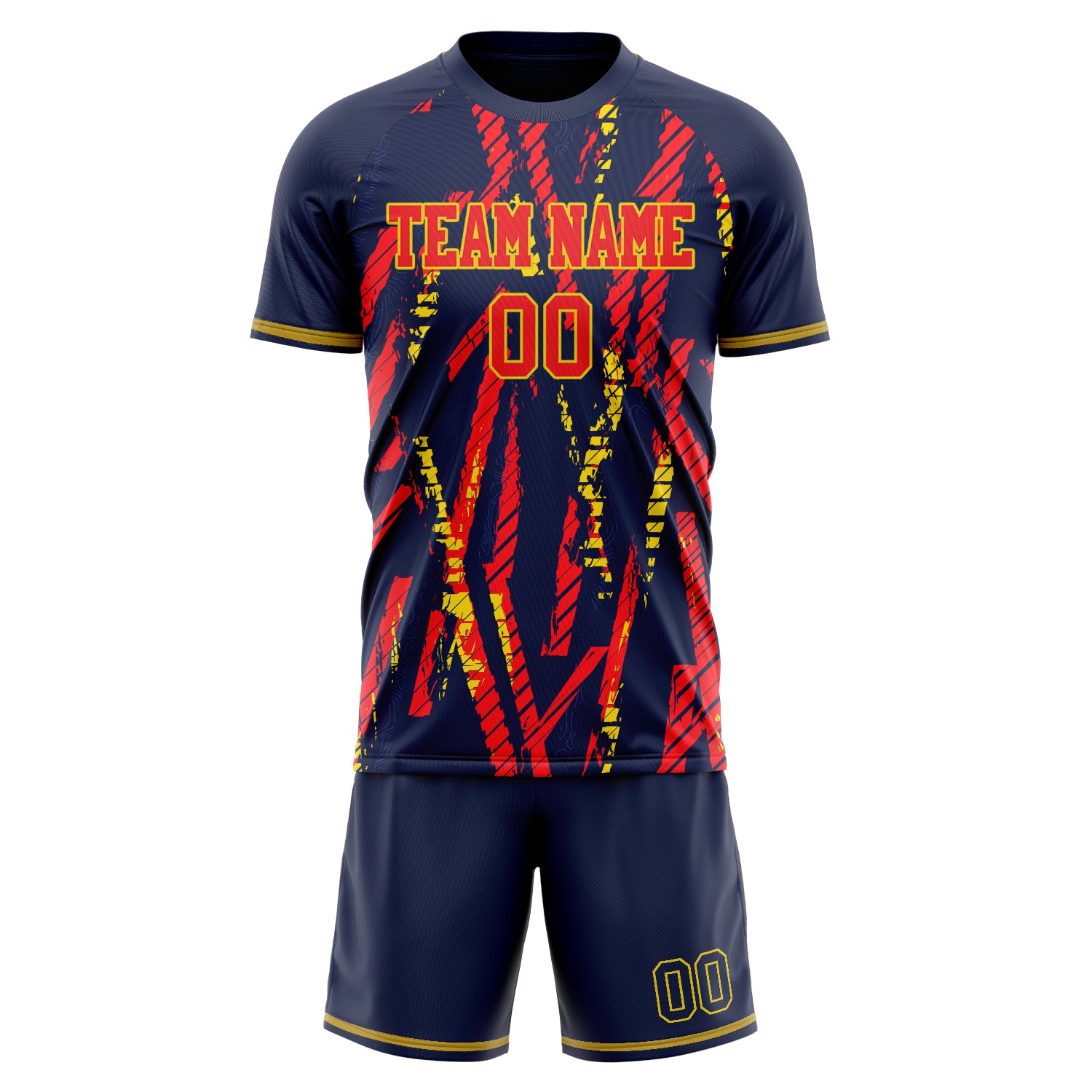 Custom Navy Red GeometricalPattern Soccer Jersey