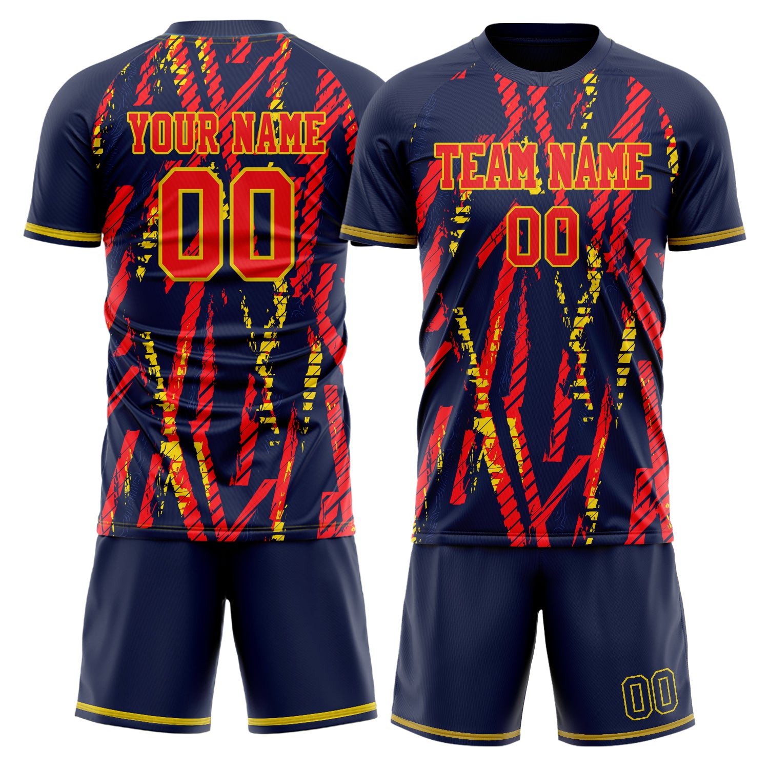Custom Navy Red GeometricalPattern Soccer Jersey