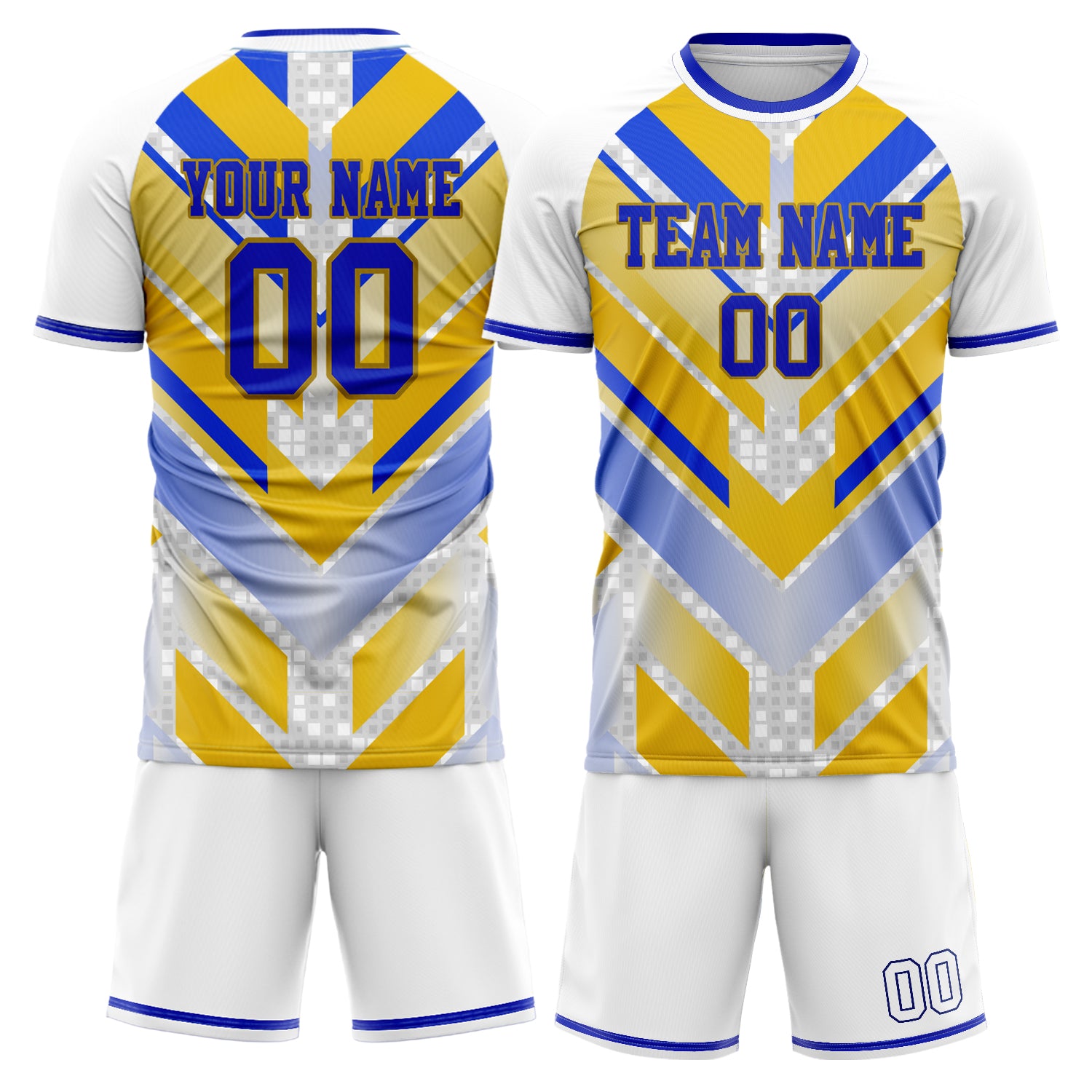 Custom Blue Yellow GeometricalPattern Soccer Jersey