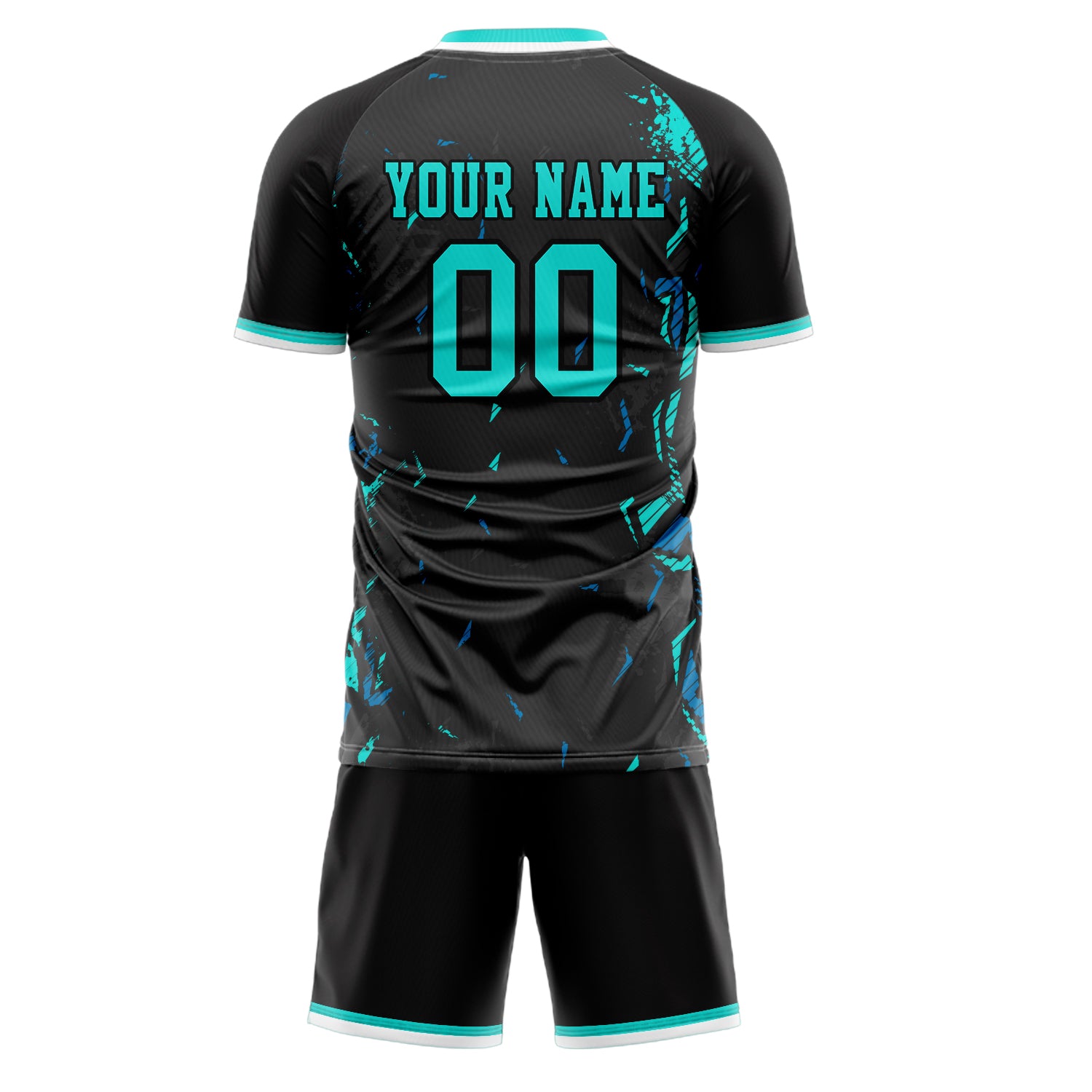 Custom Black Teal GeometricalPattern Soccer Jersey