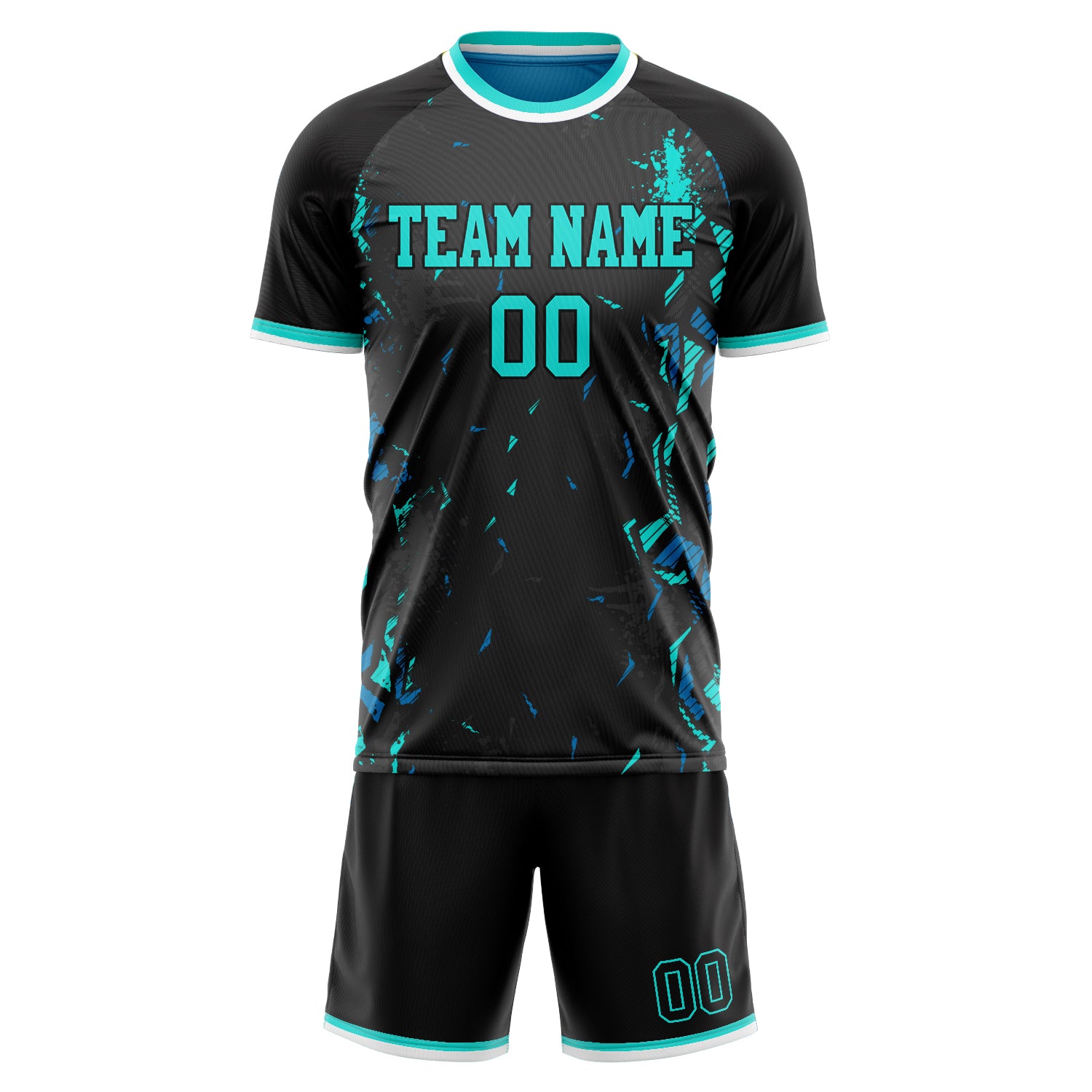 Custom Black Teal GeometricalPattern Soccer Jersey