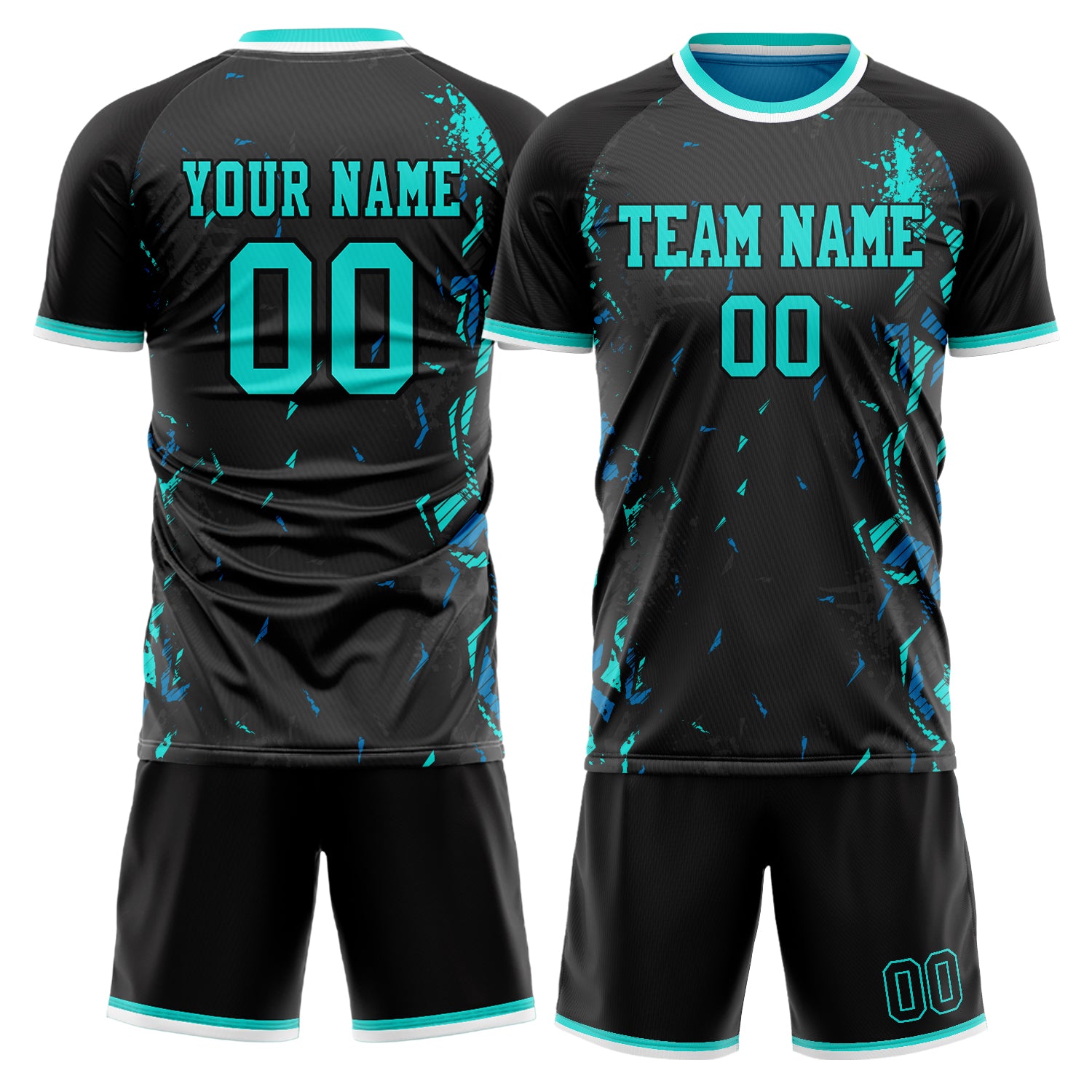 Custom Black Teal GeometricalPattern Soccer Jersey