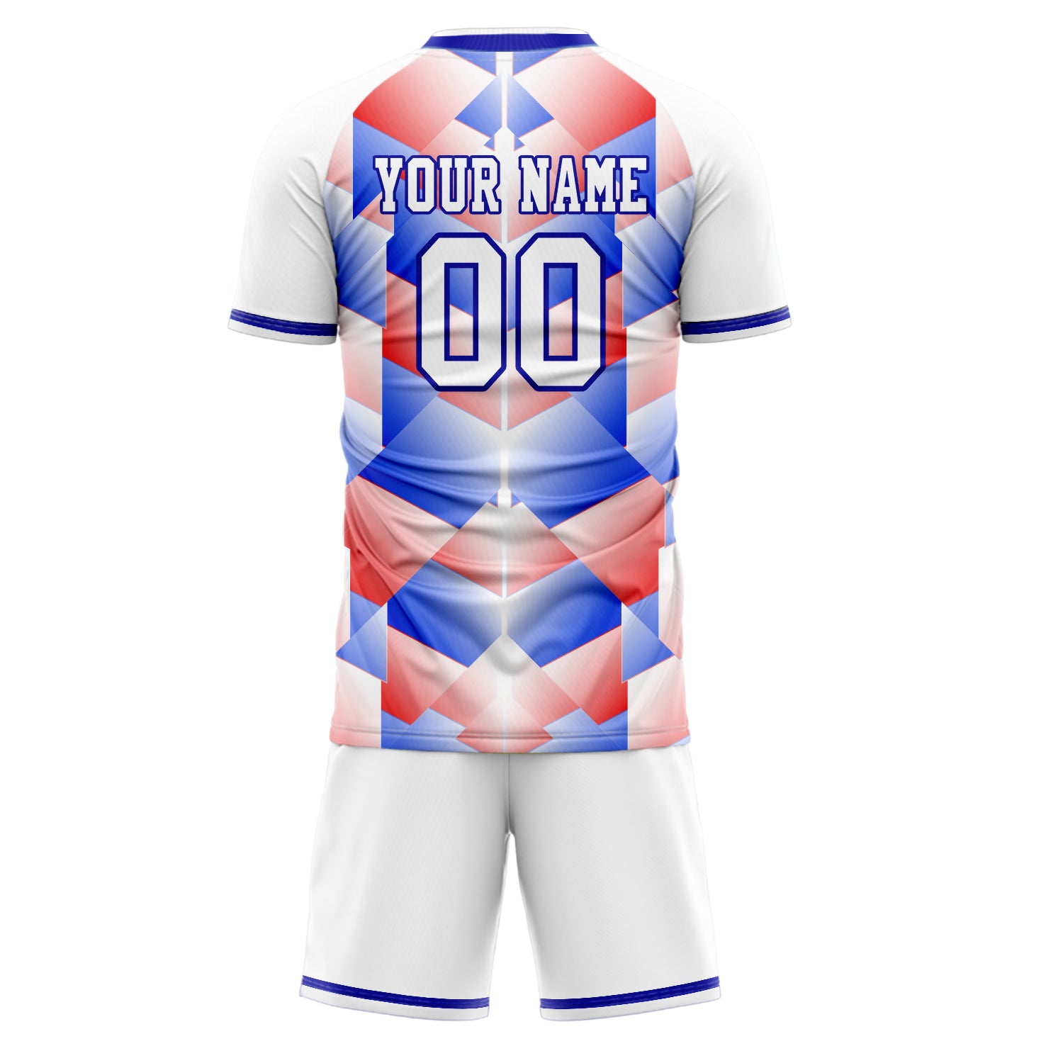Custom White Blue GeometricalPattern Soccer Jersey