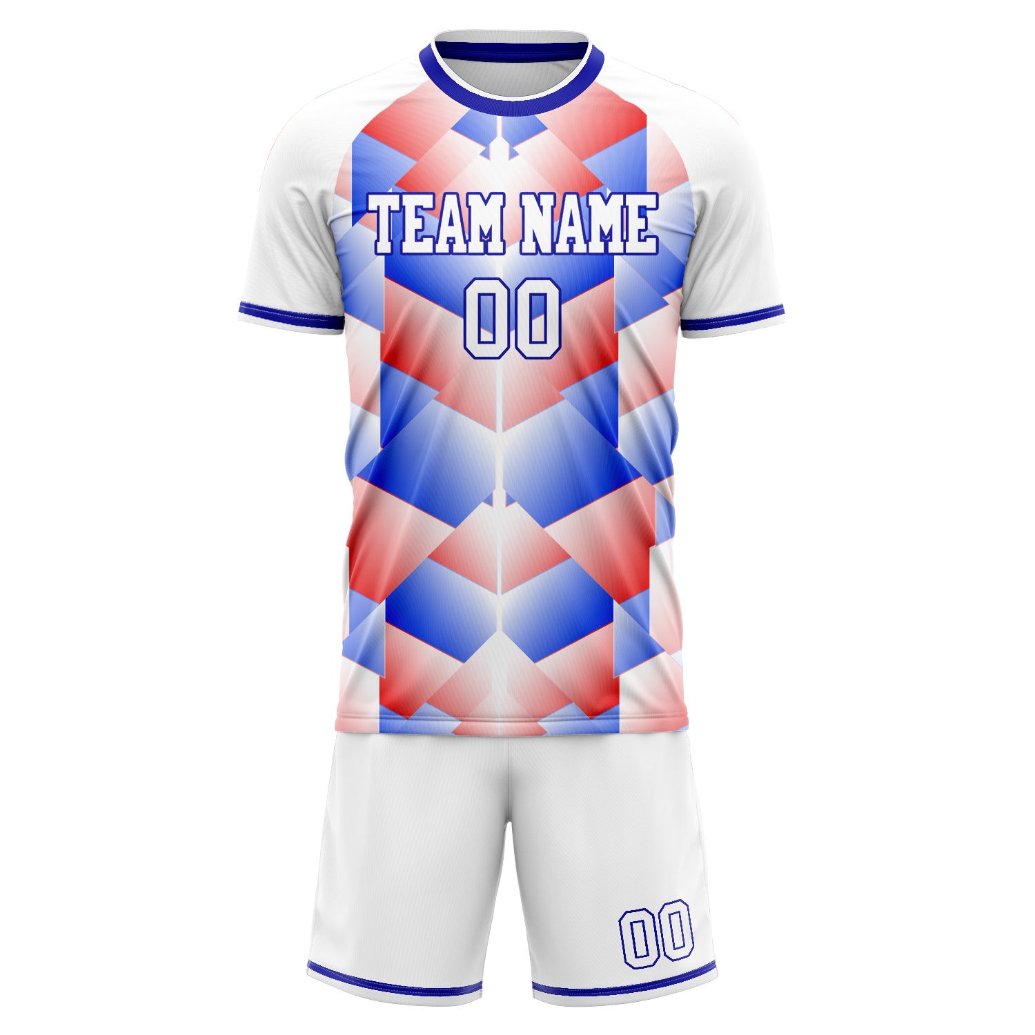 Custom White Blue GeometricalPattern Soccer Jersey