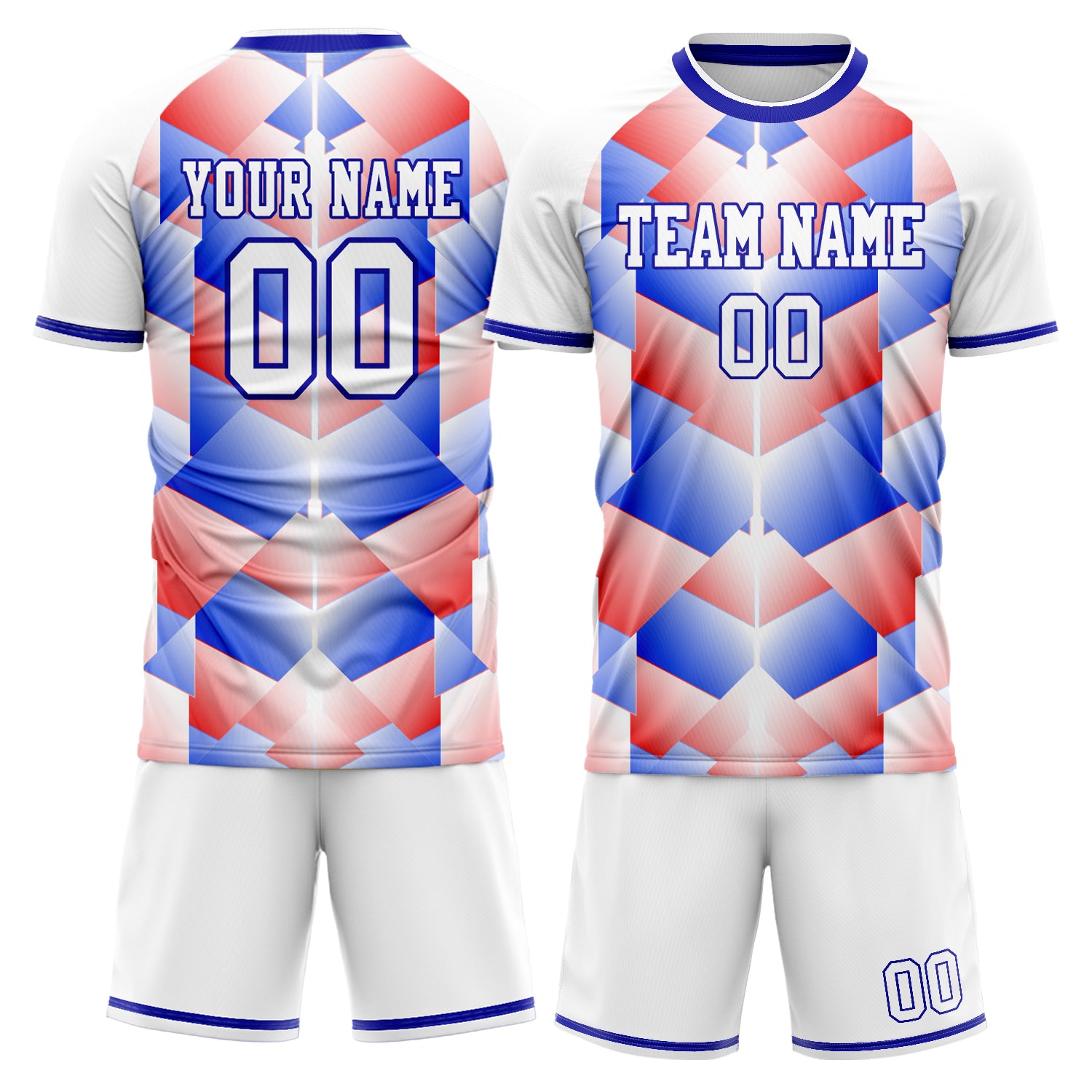 Custom White Blue GeometricalPattern Soccer Jersey