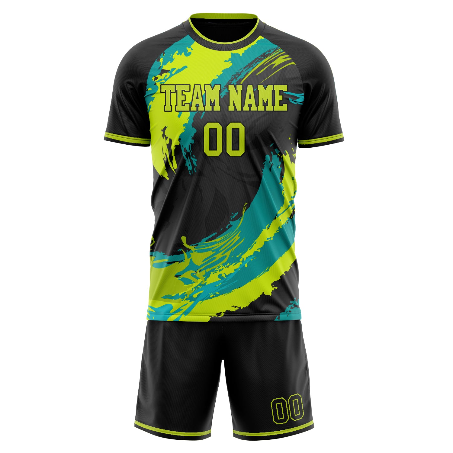 Custom Black Teal GeometricalPattern Soccer Jersey