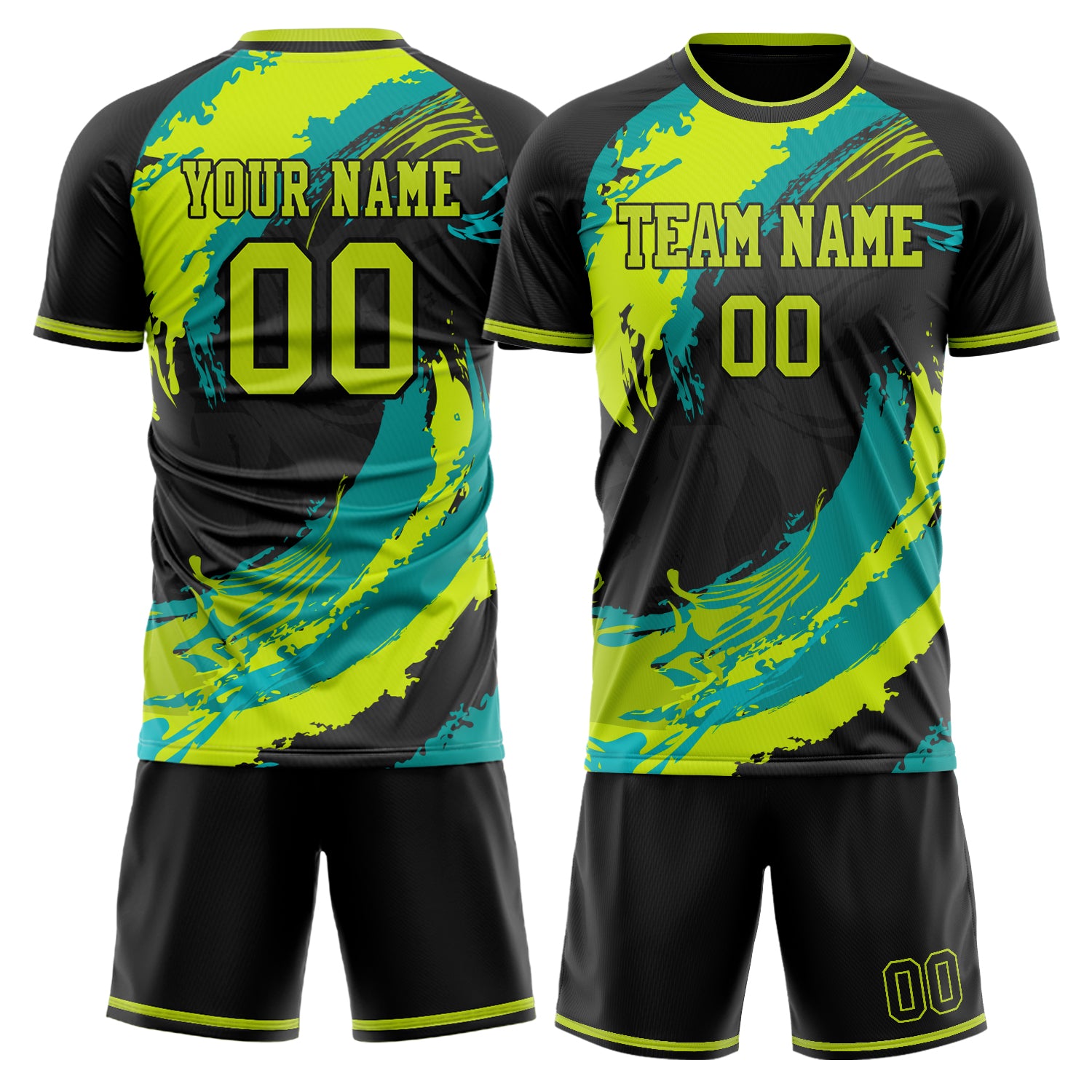 Custom Black Teal GeometricalPattern Soccer Jersey