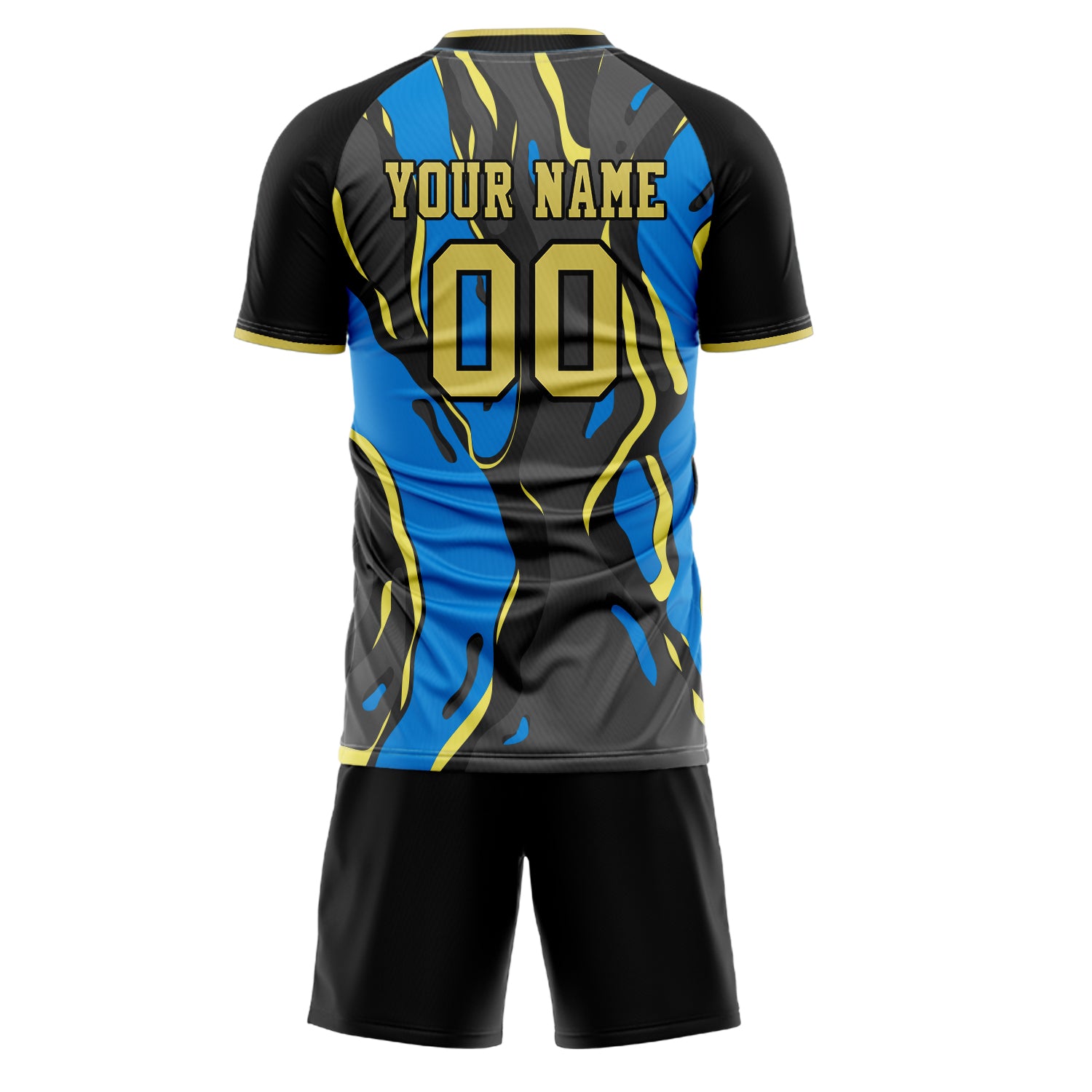 Custom Black Blue GeometricalPattern Soccer Jersey