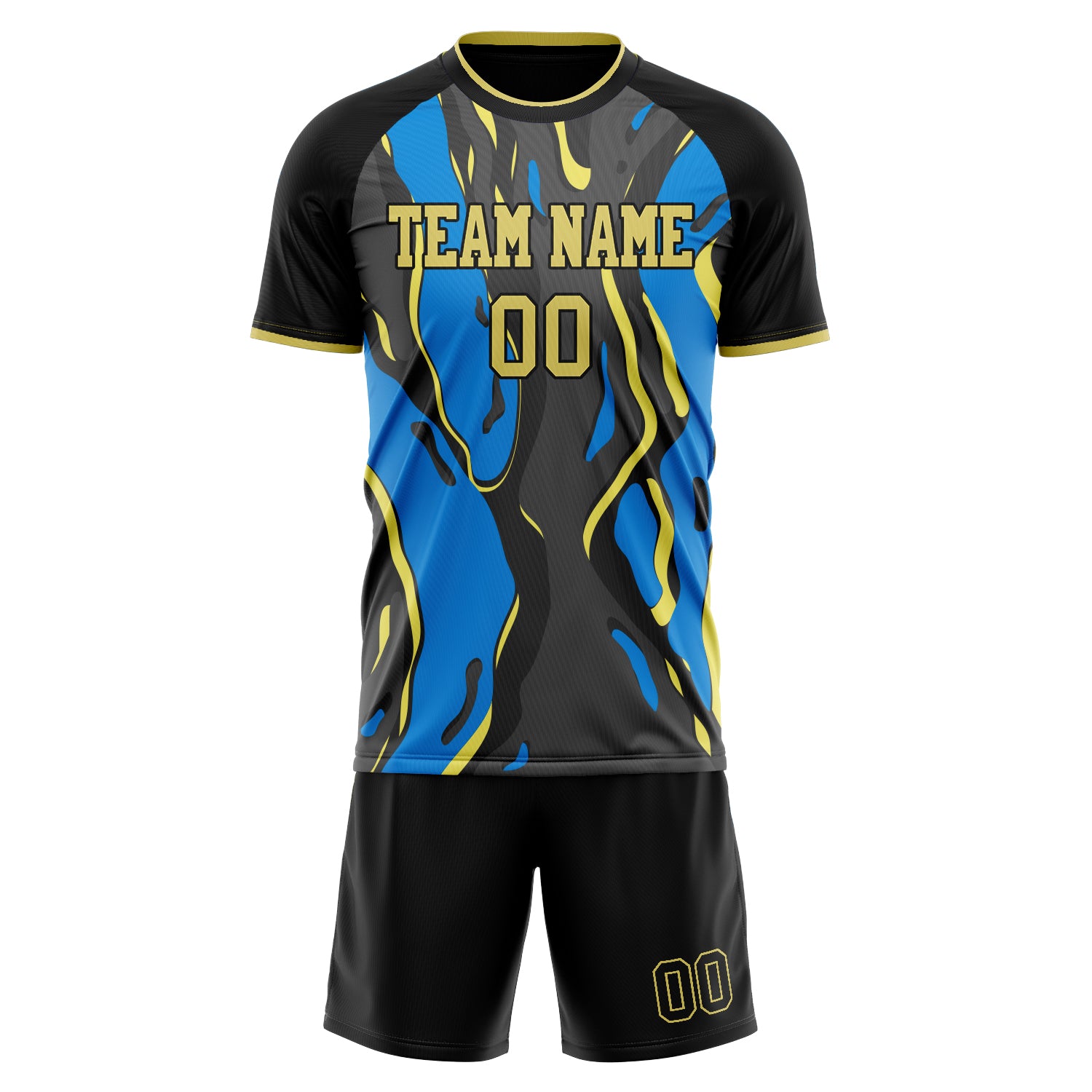 Custom Black Blue GeometricalPattern Soccer Jersey