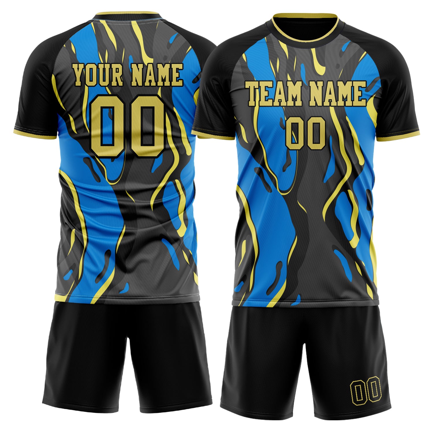 Custom Black Blue GeometricalPattern Soccer Jersey