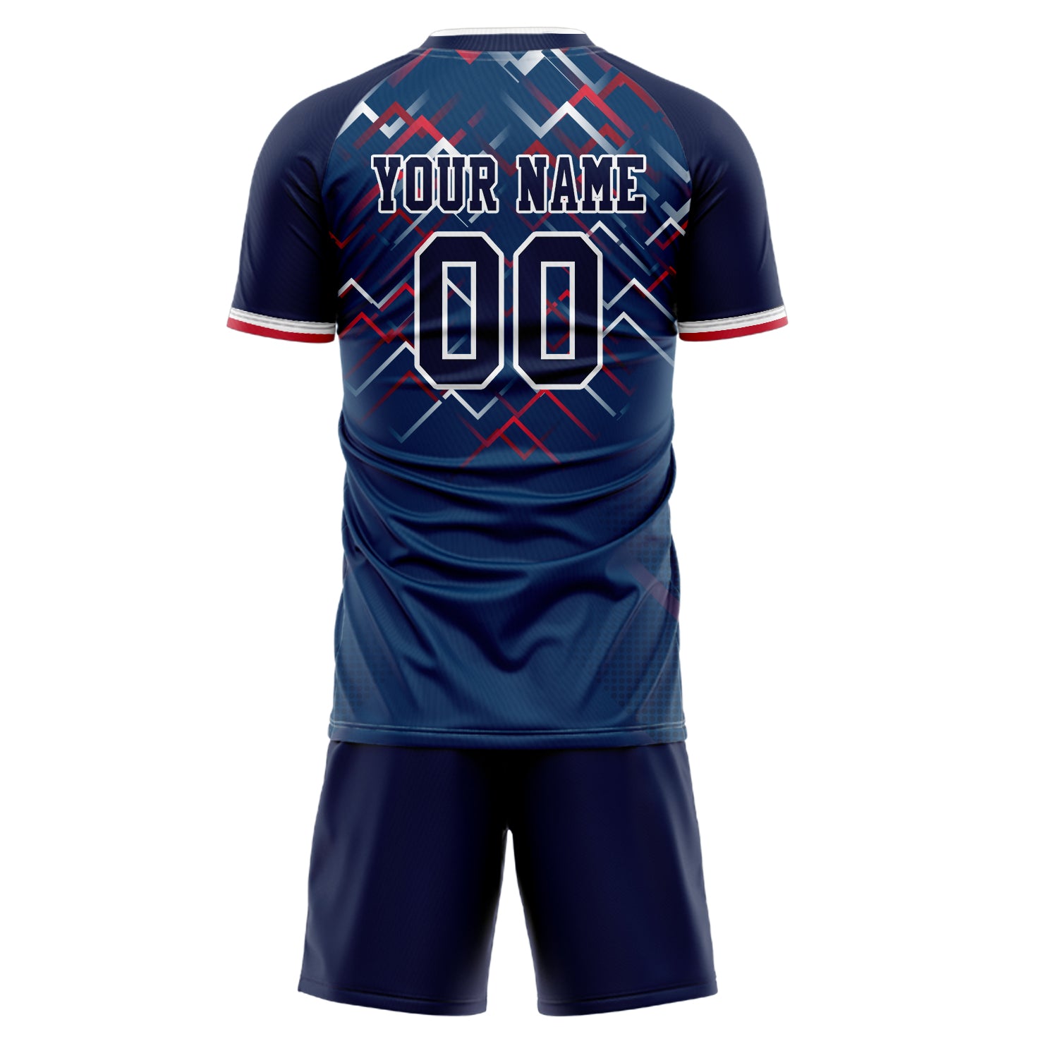Custom Navy Red GeometricalPattern Soccer Jersey