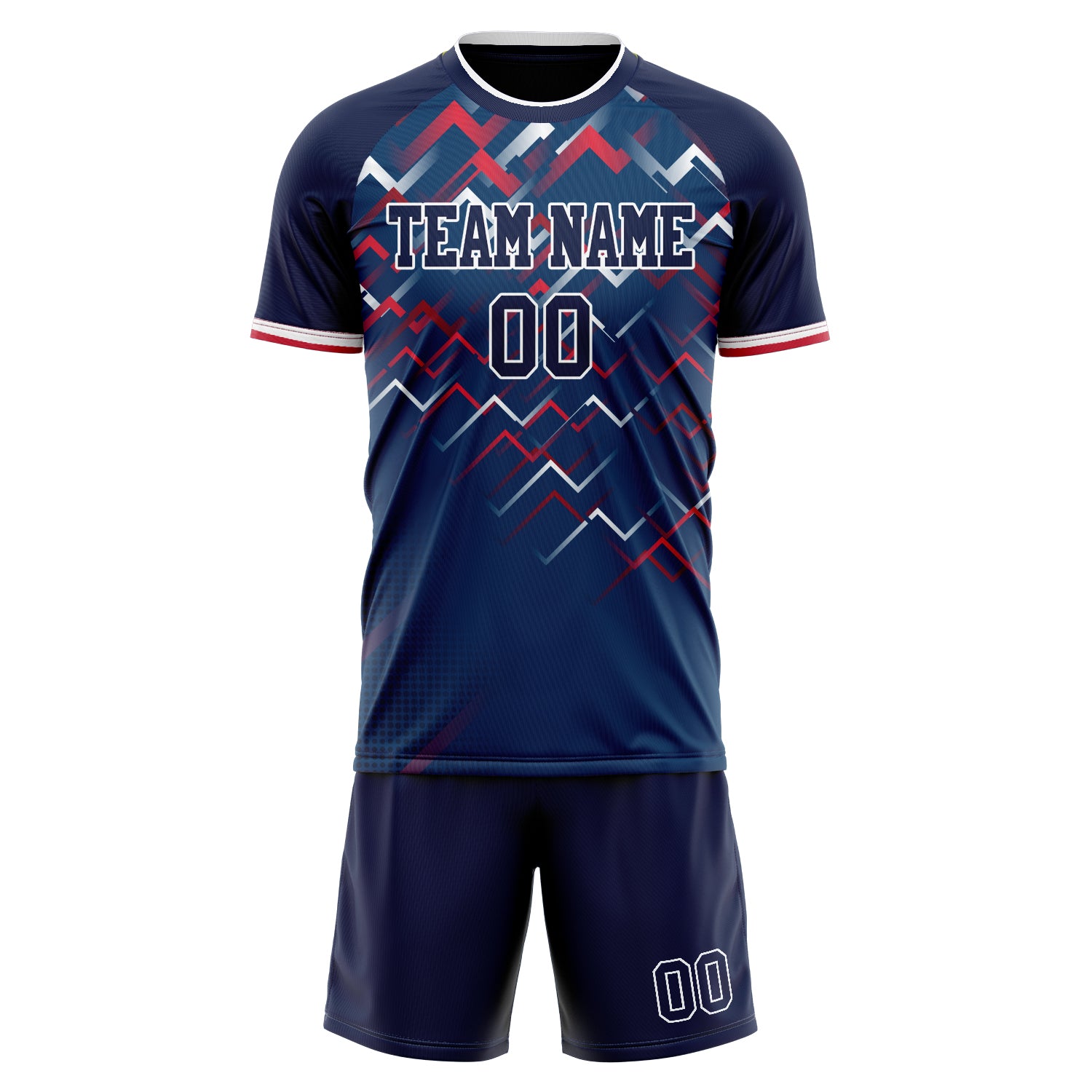 Custom Navy Red GeometricalPattern Soccer Jersey