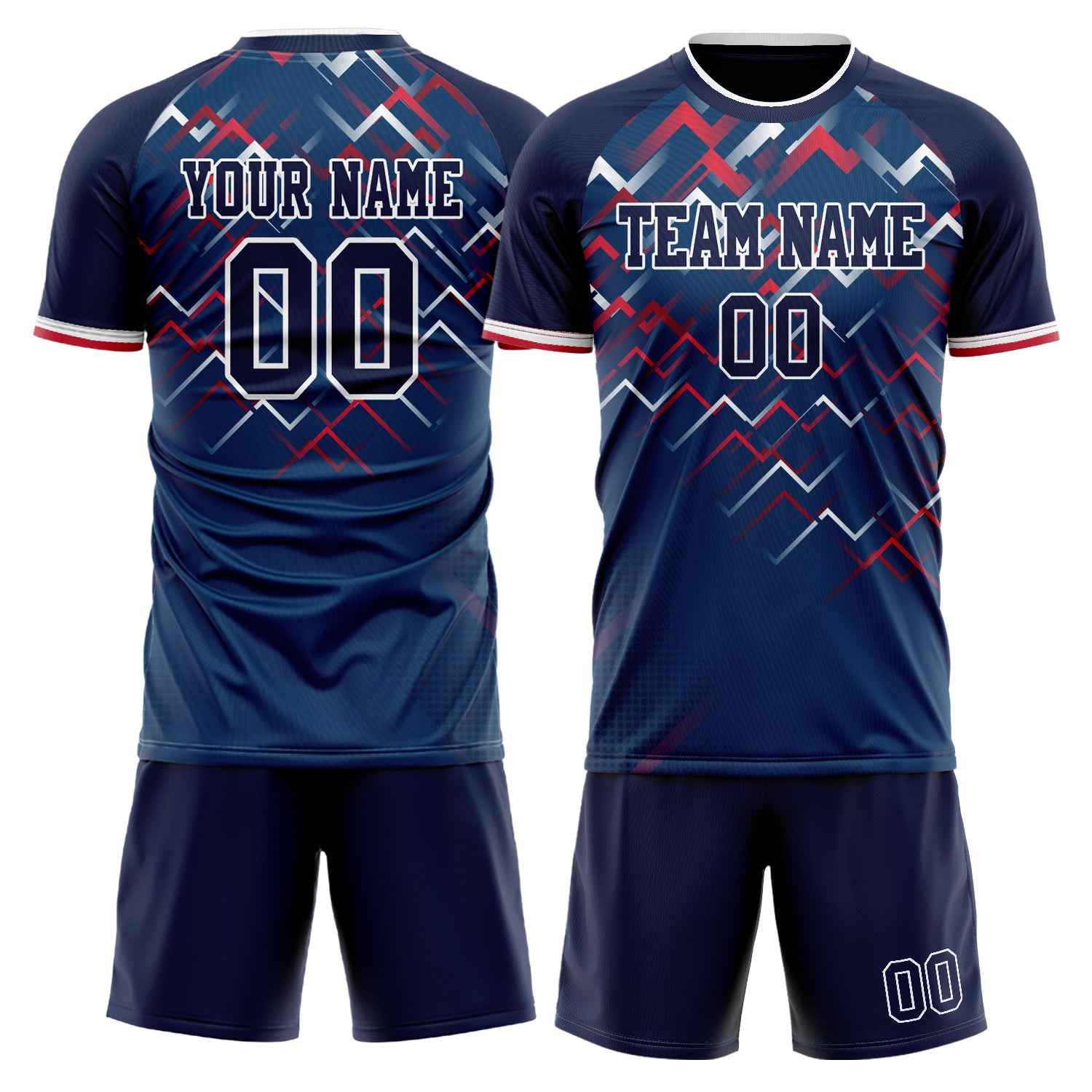 Custom Navy Red GeometricalPattern Soccer Jersey