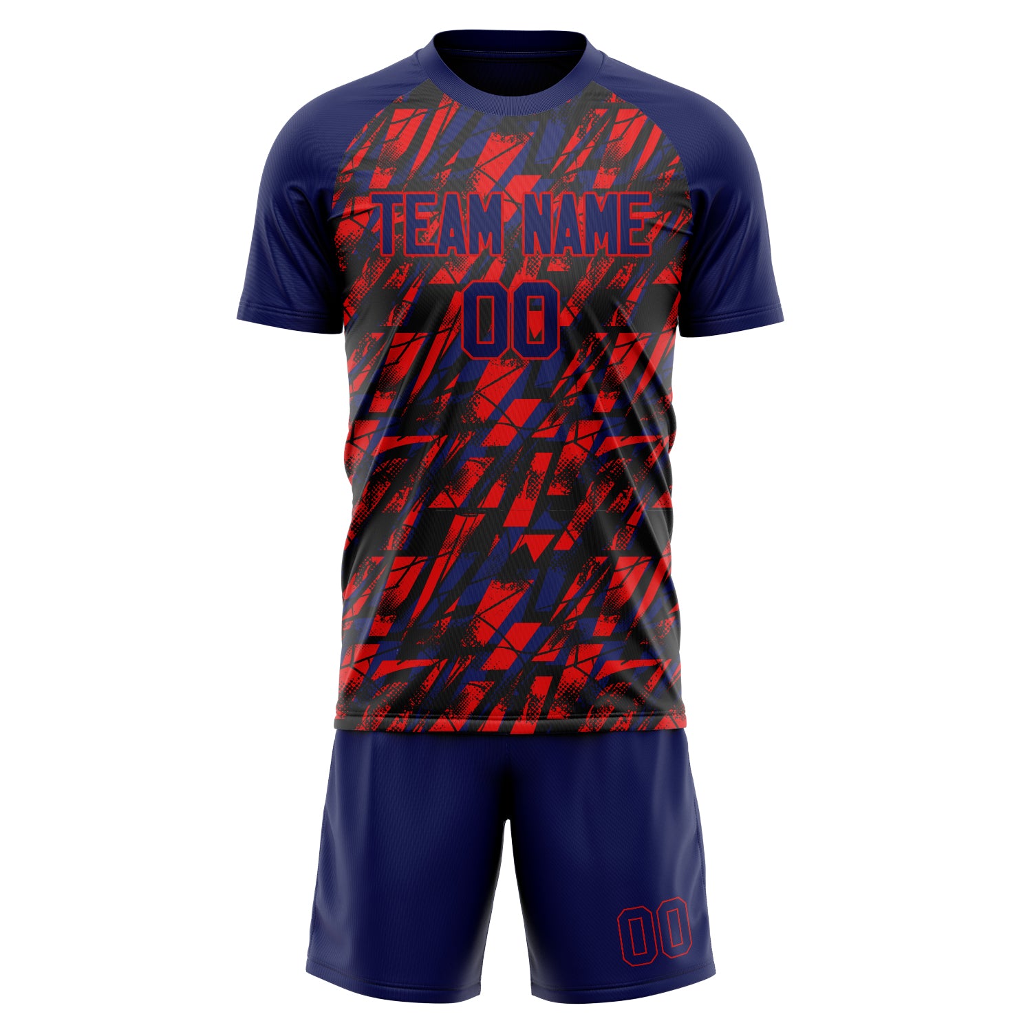 Custom Navy Red GeometricalPattern Soccer Jersey