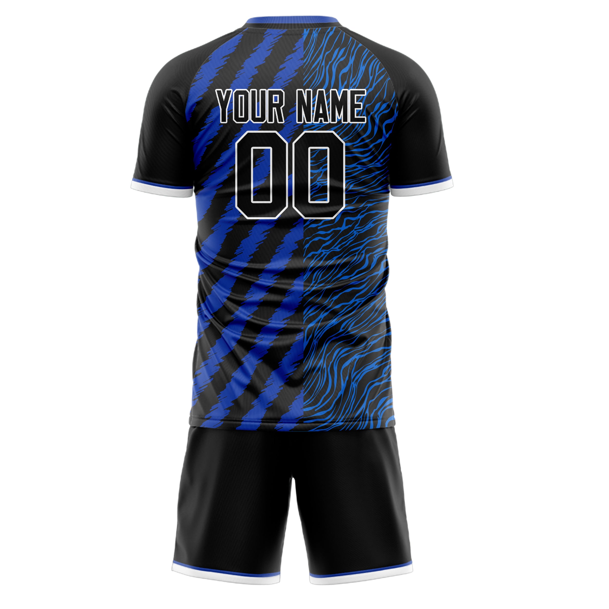 Custom Black Blue GeometricalPattern Soccer Jersey