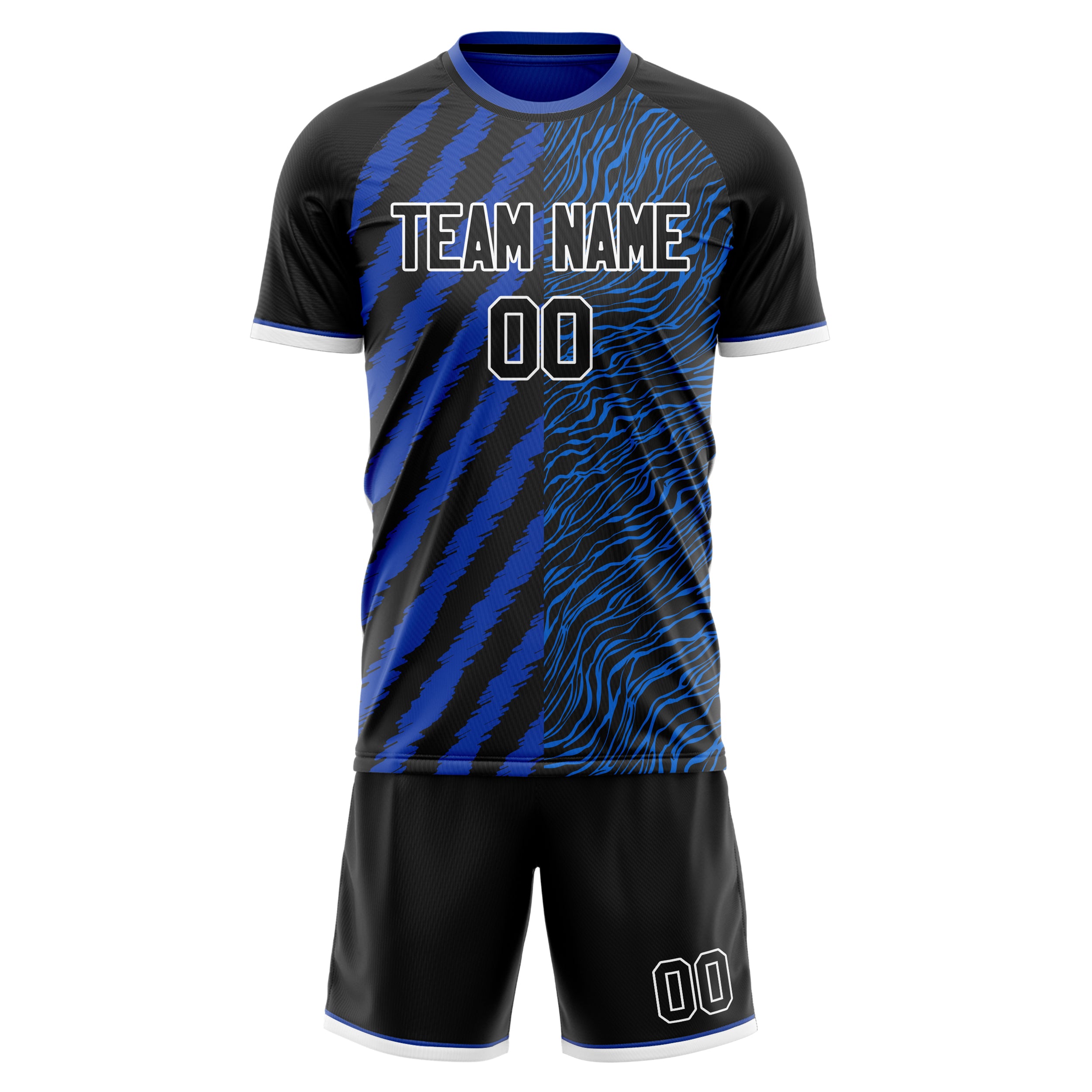 Custom Black Blue GeometricalPattern Soccer Jersey