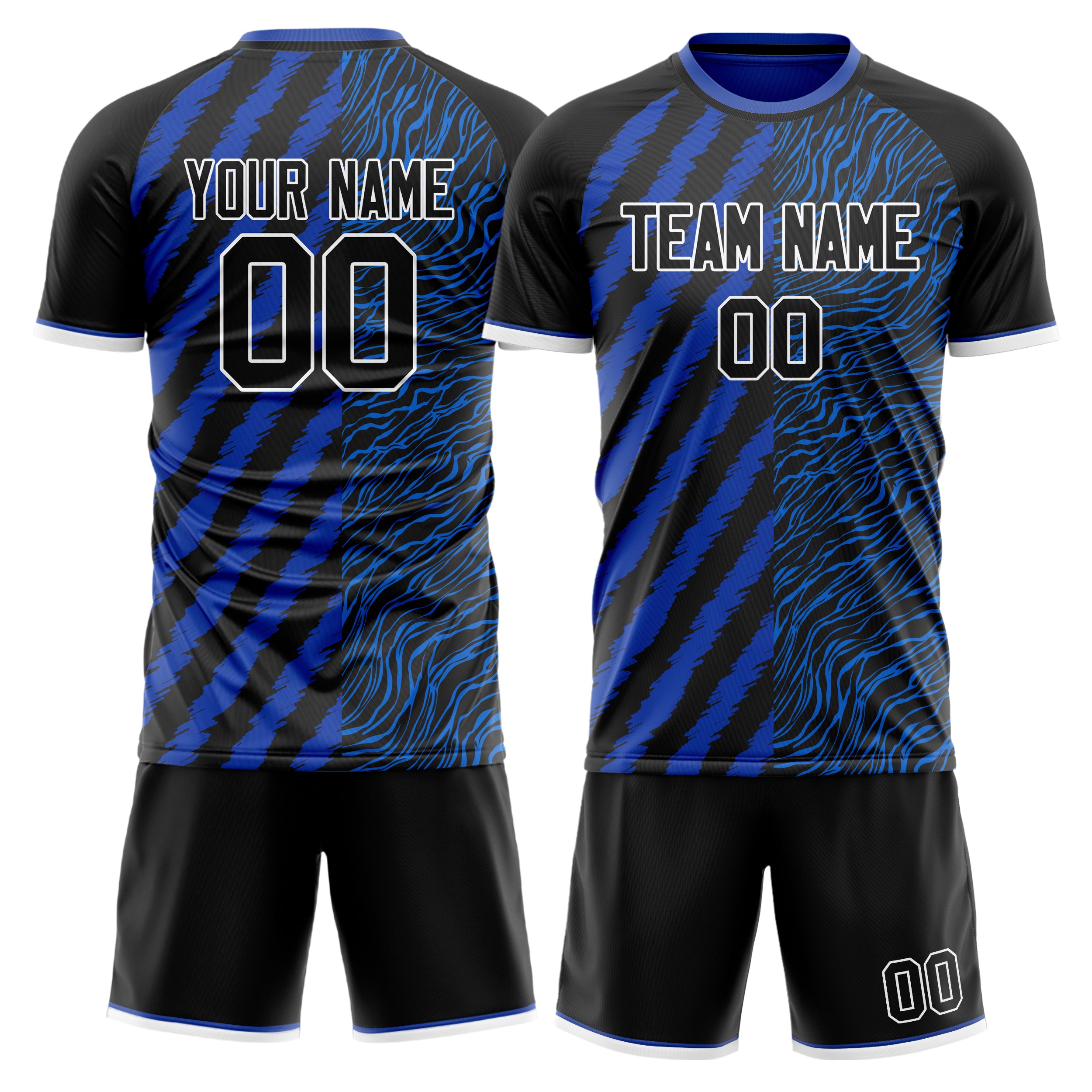 Custom Black Blue GeometricalPattern Soccer Jersey