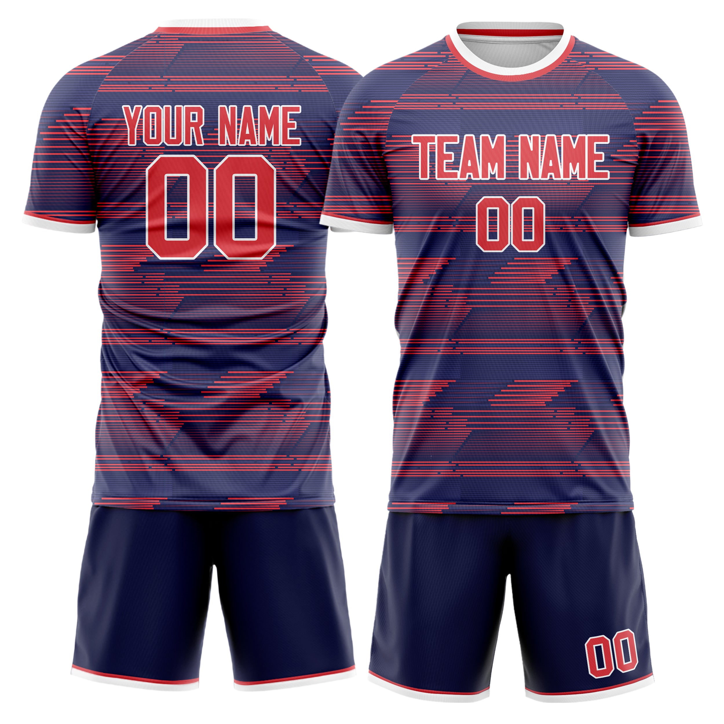 Custom Navy Red GeometricalPattern Soccer Jersey