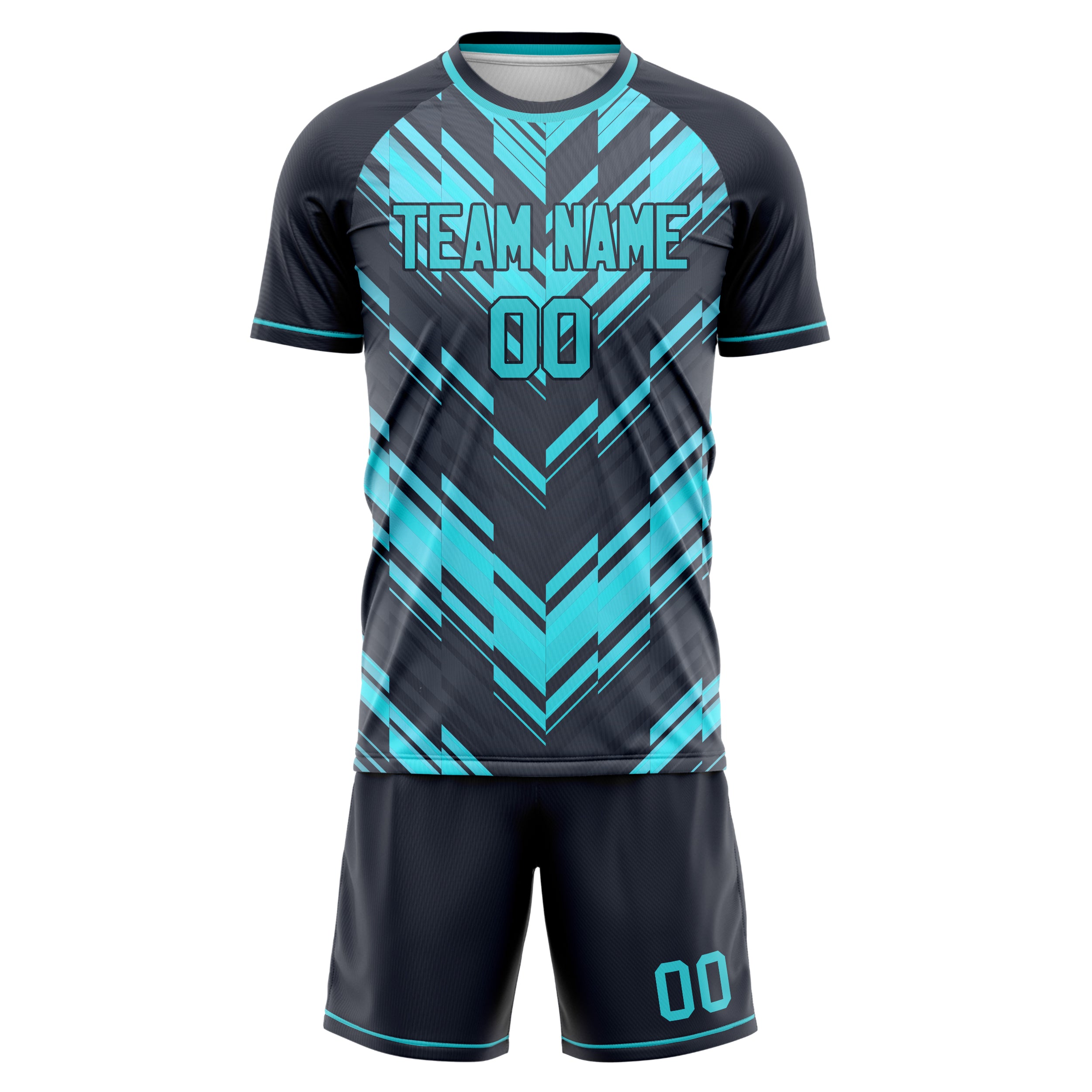 Custom Black Teal GeometricalPattern Soccer Jersey