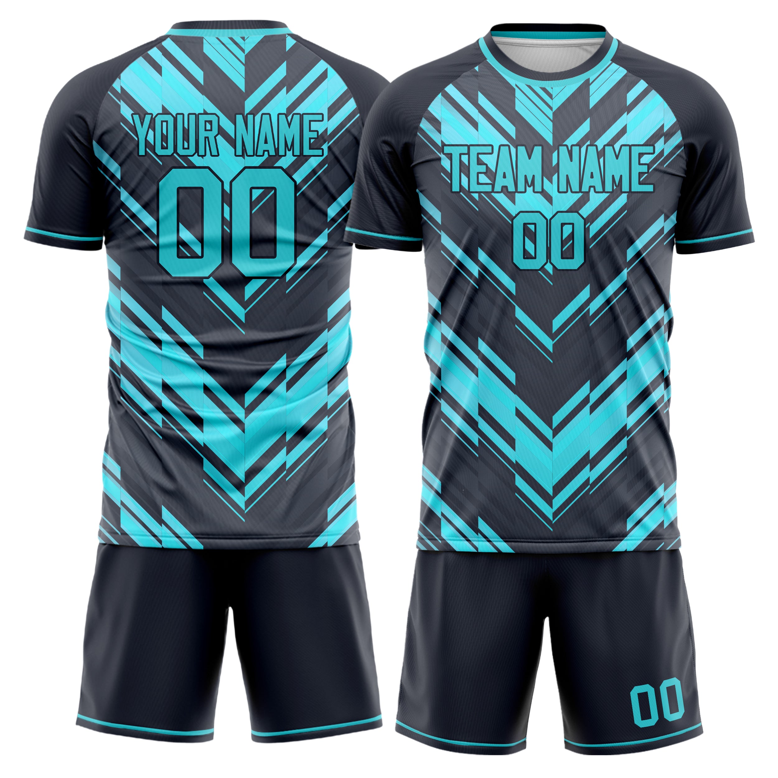 Custom Black Teal GeometricalPattern Soccer Jersey