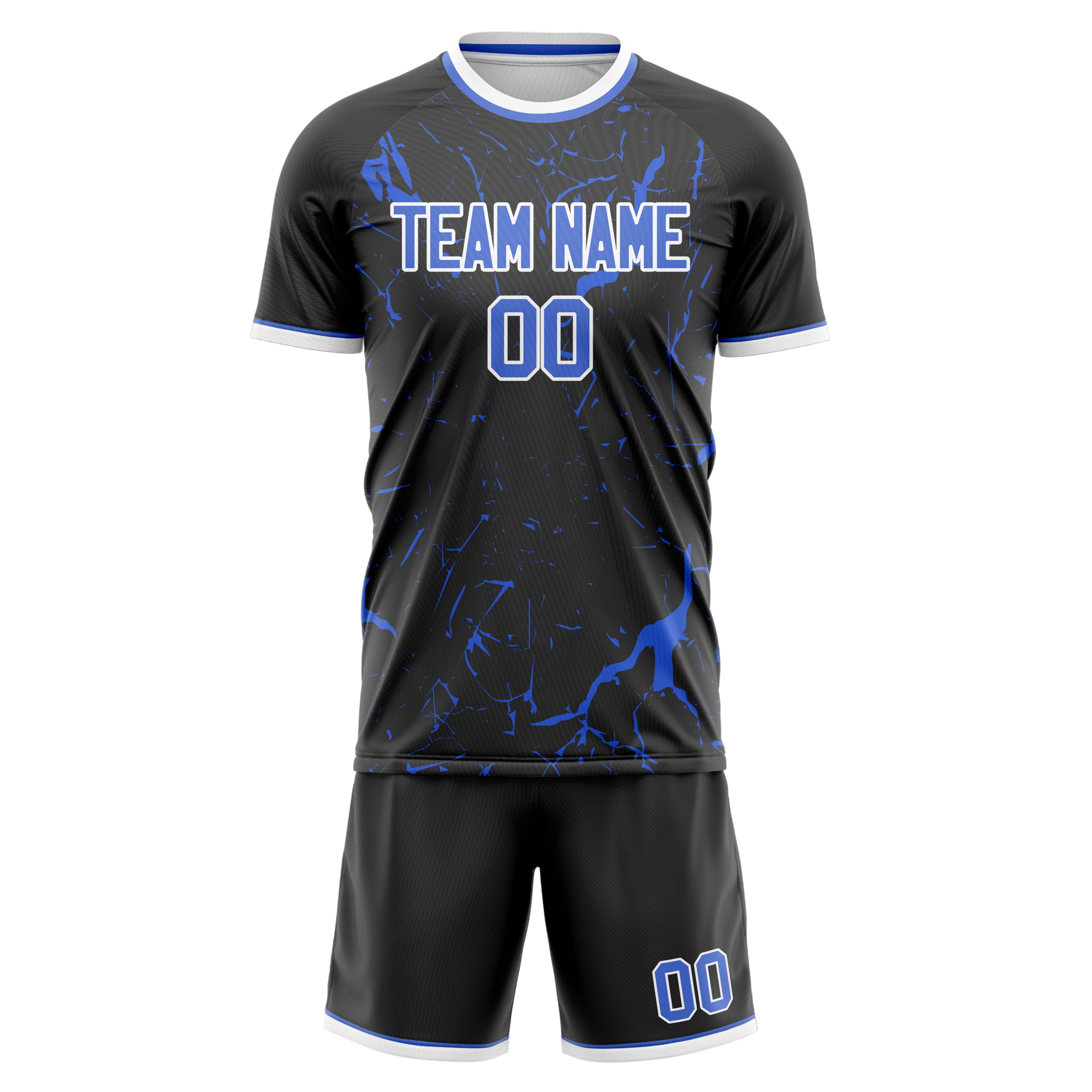 Custom Black Blue GeometricalPattern Soccer Jersey