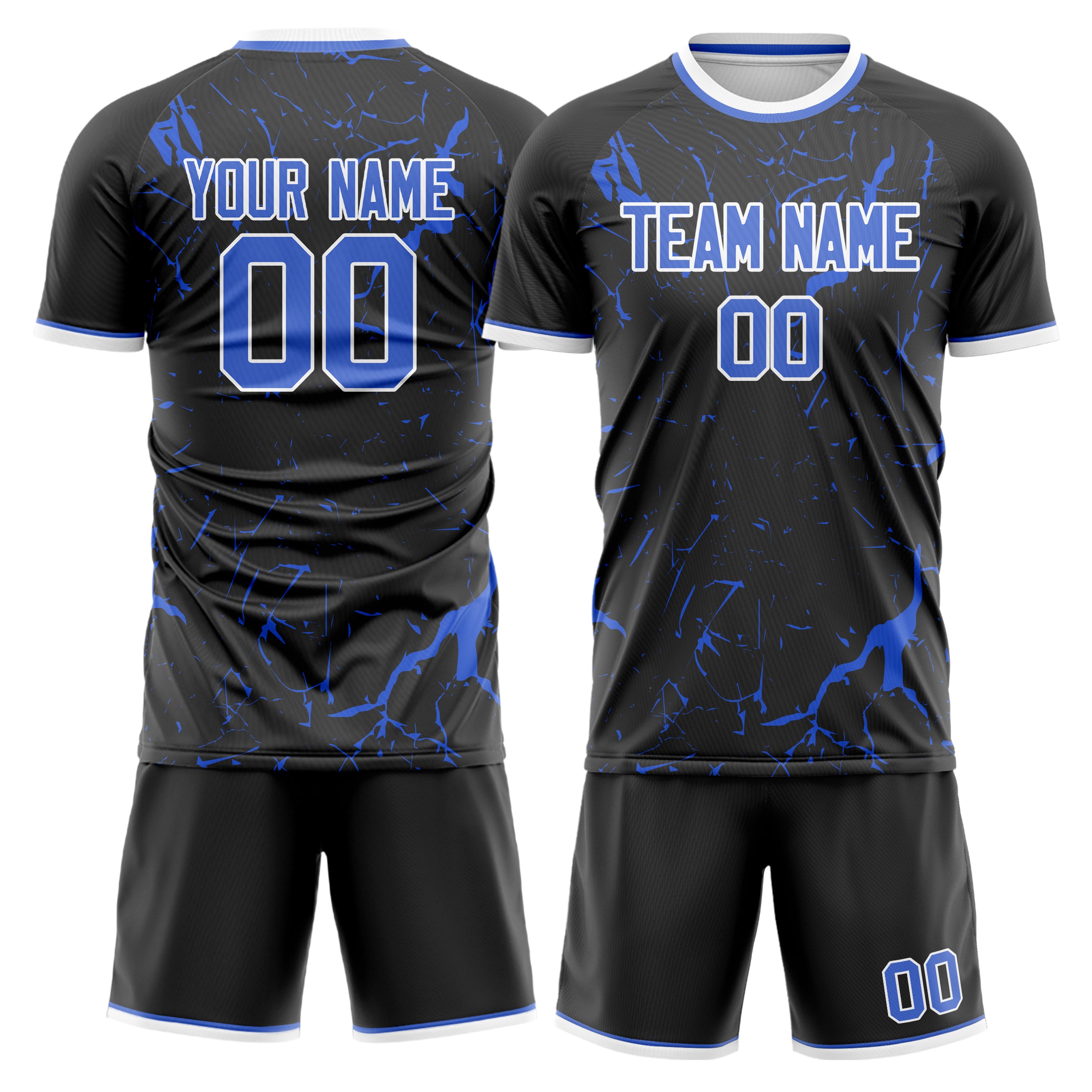 Custom Black Blue GeometricalPattern Soccer Jersey