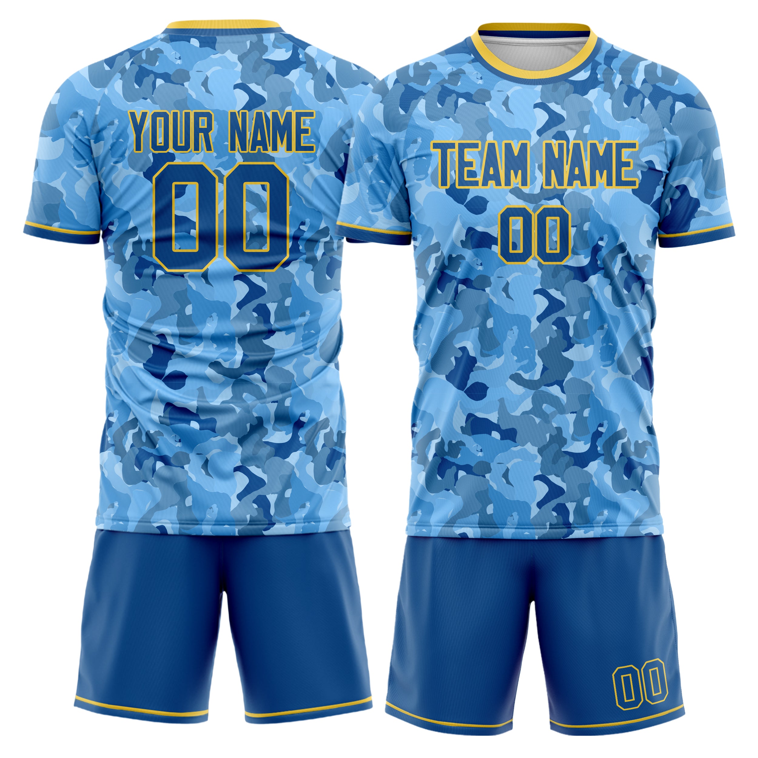 Custom Blue Gold GeometricalPattern Soccer Jersey