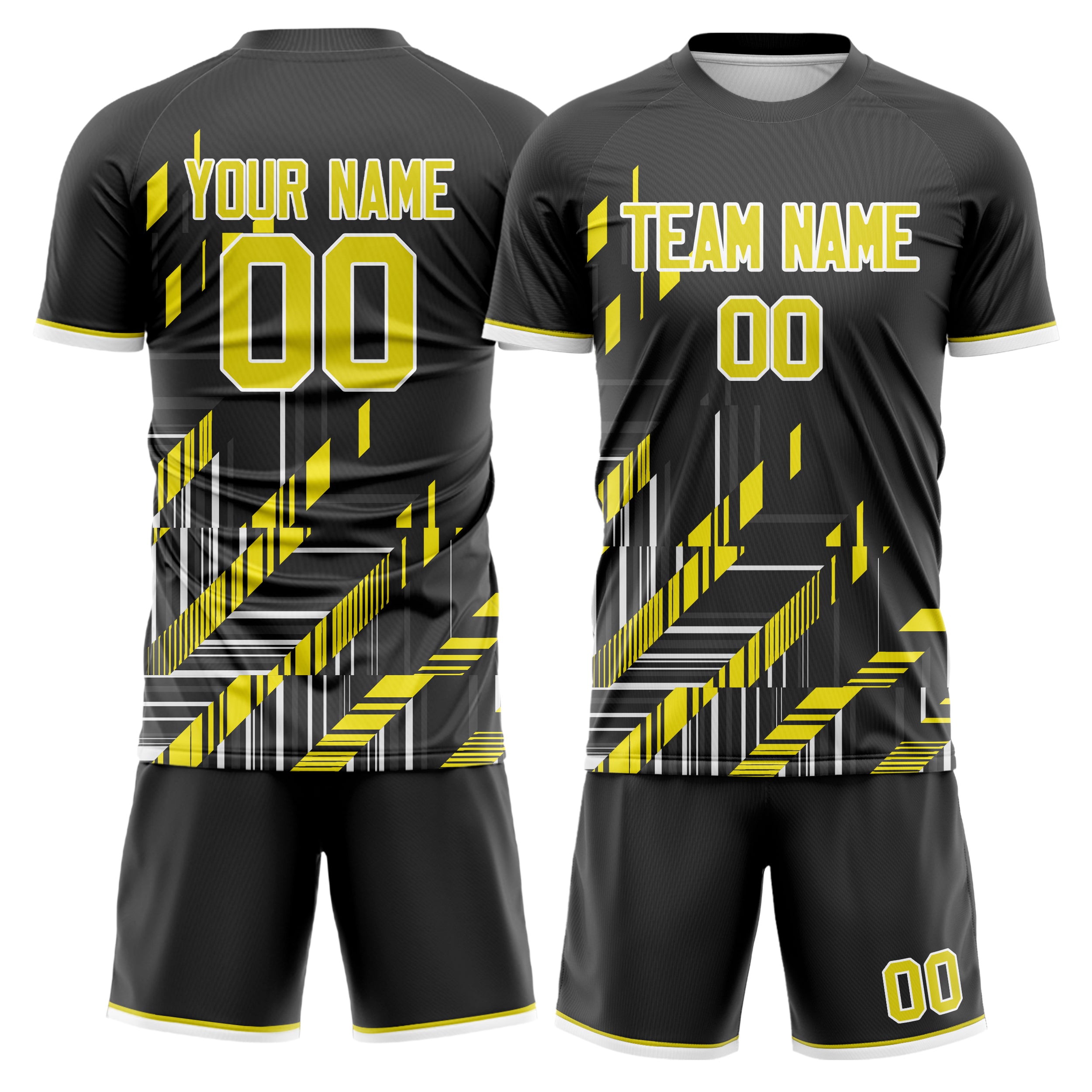 Custom Black Yellow GeometricalPattern Soccer Jersey