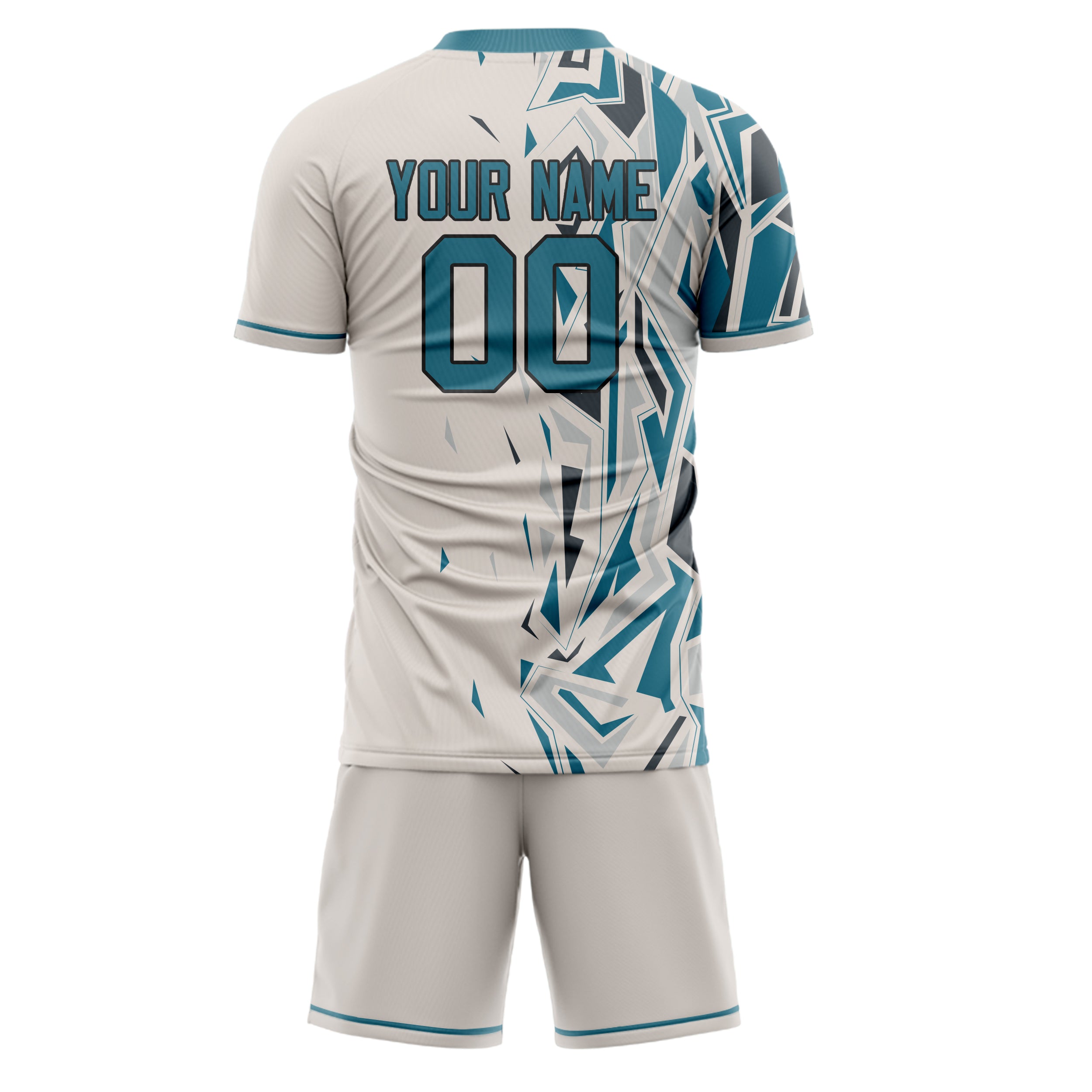 Custom Cream Teal GeometricalPattern Soccer Jersey