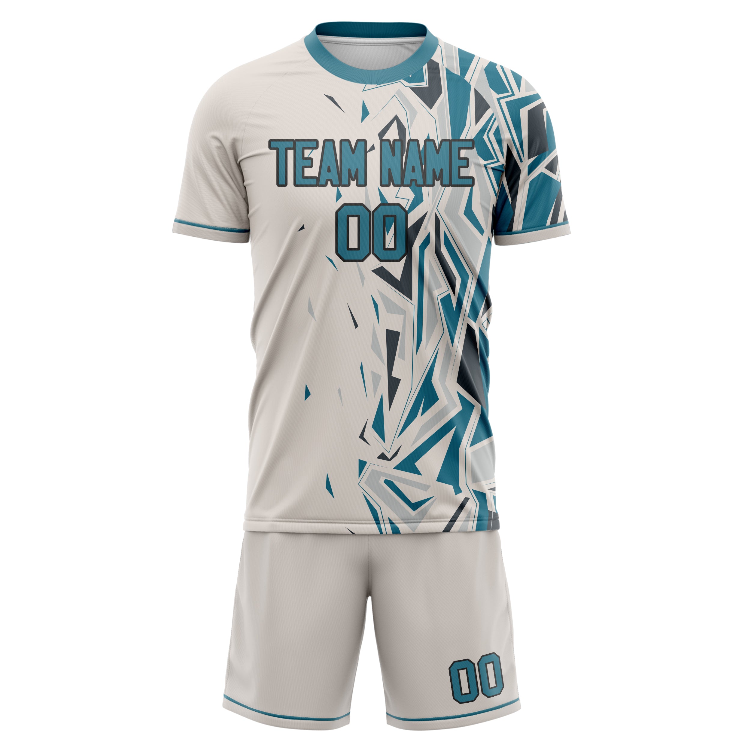 Custom Cream Teal GeometricalPattern Soccer Jersey