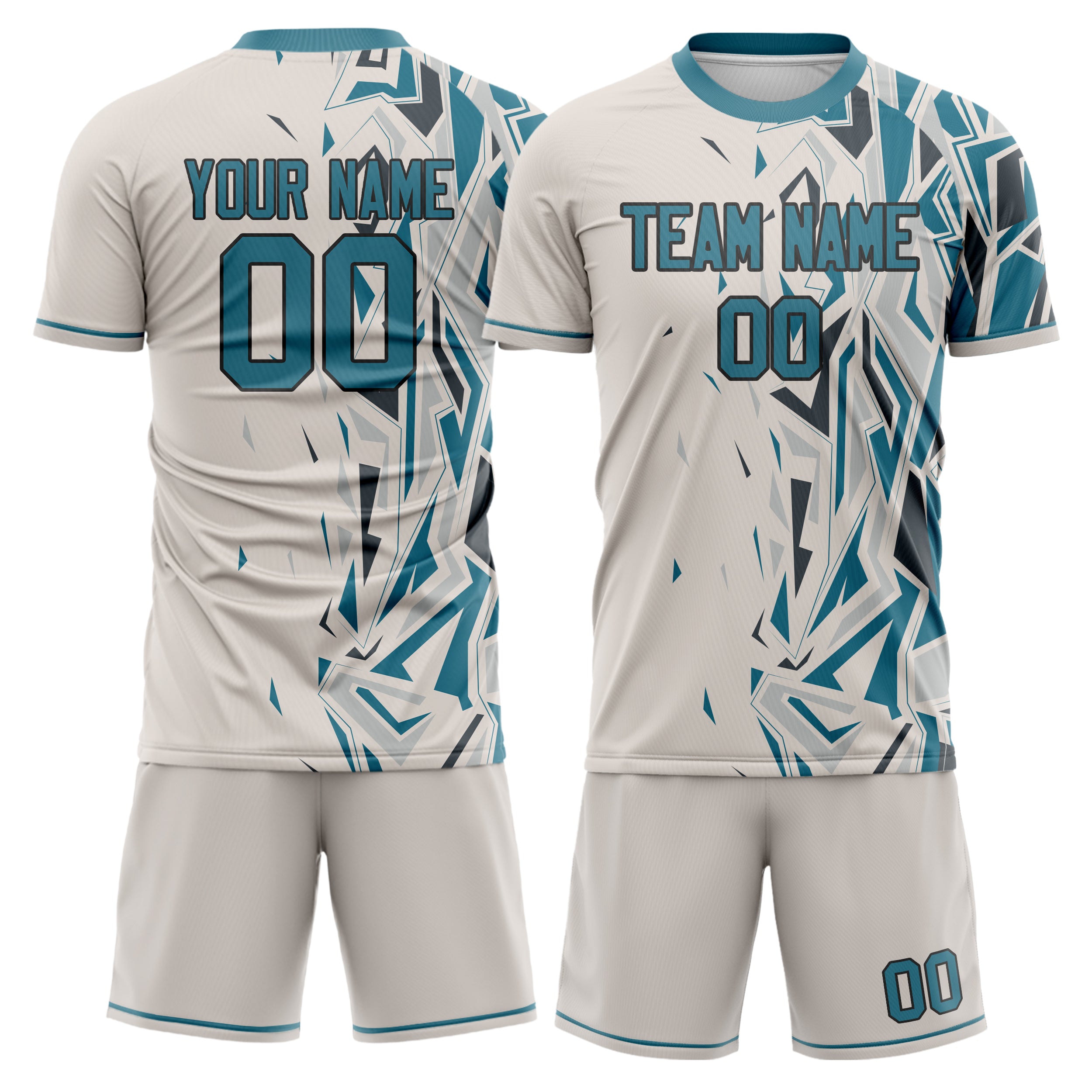 Custom Cream Teal GeometricalPattern Soccer Jersey