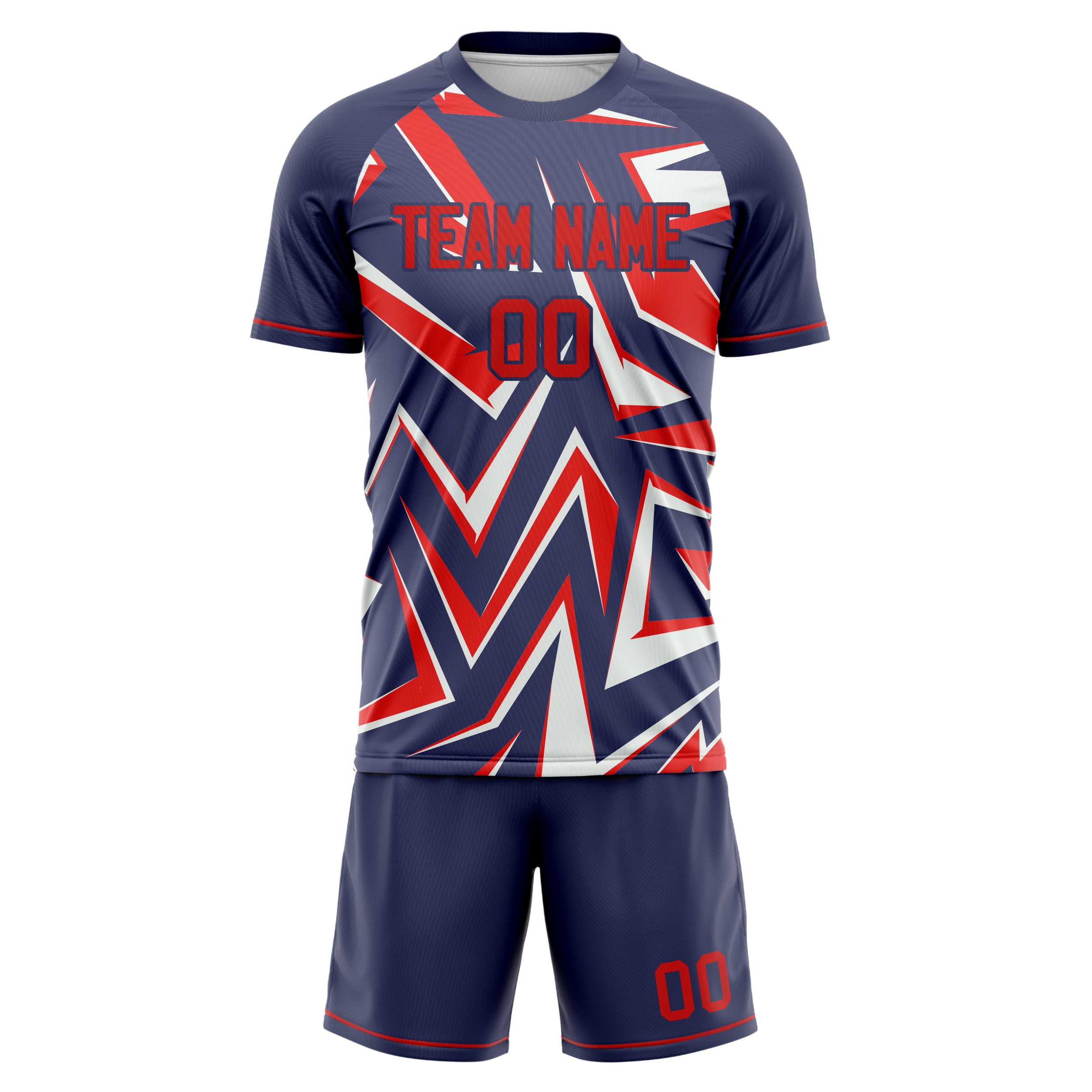 Custom Navy Red GeometricalPattern Soccer Jersey