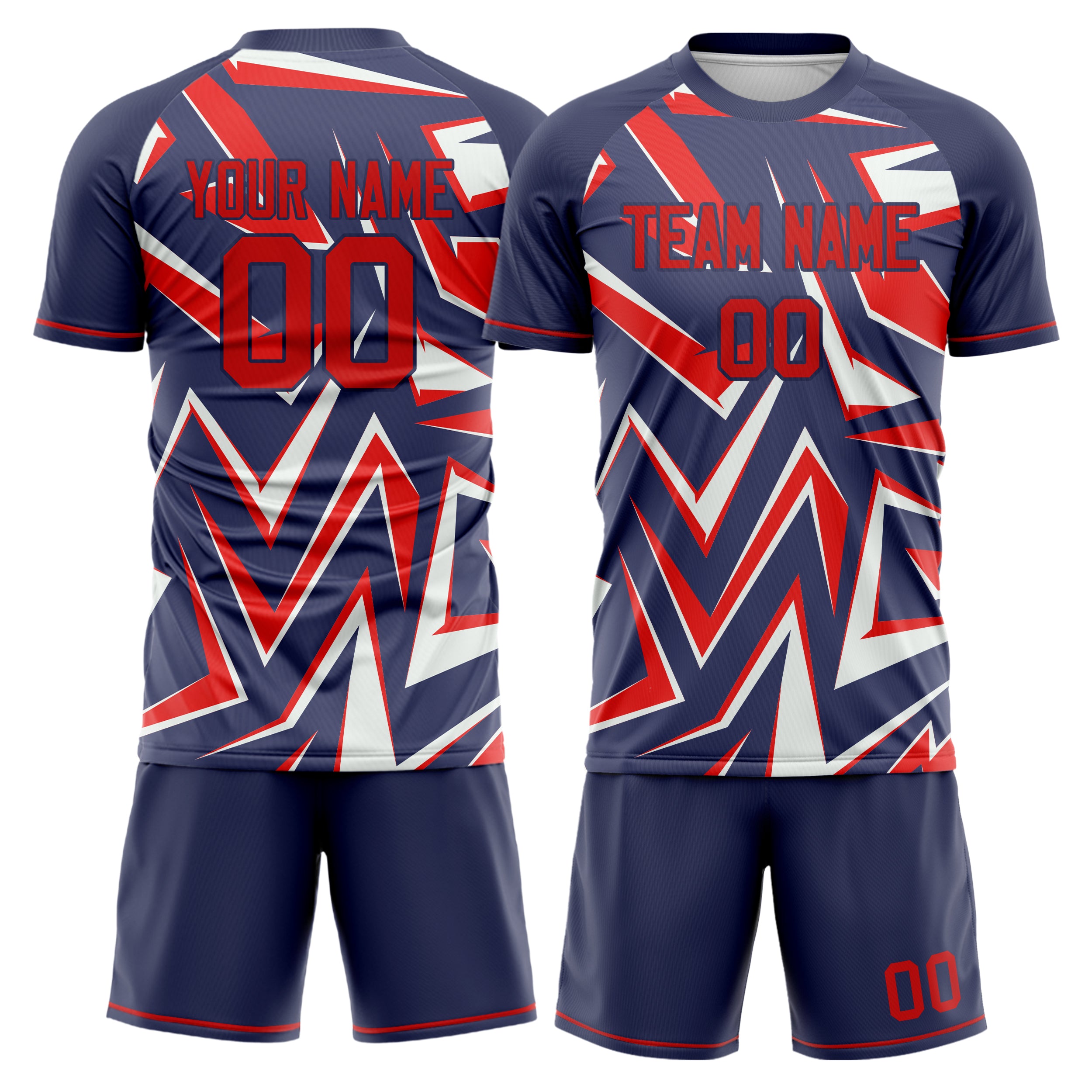 Custom Navy Red GeometricalPattern Soccer Jersey
