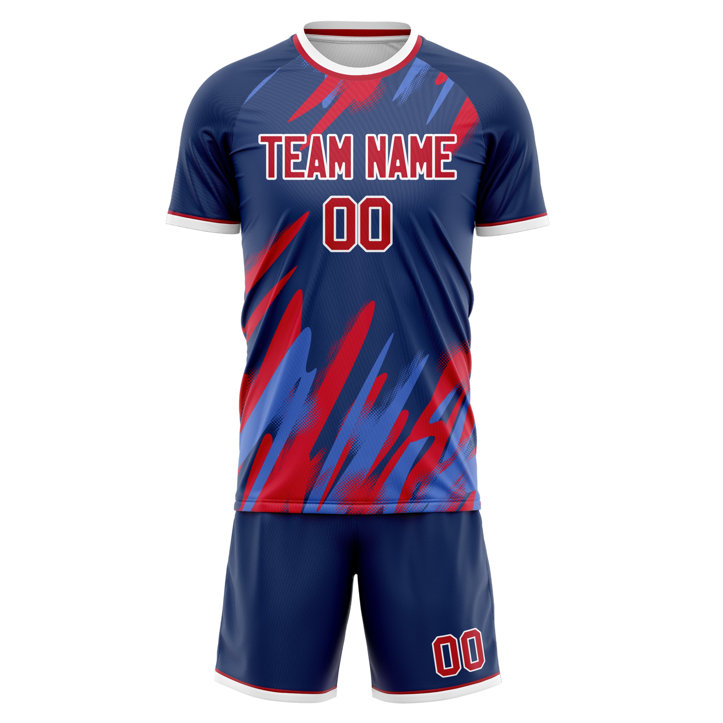 Custom Navy Red GeometricalPattern Soccer Jersey