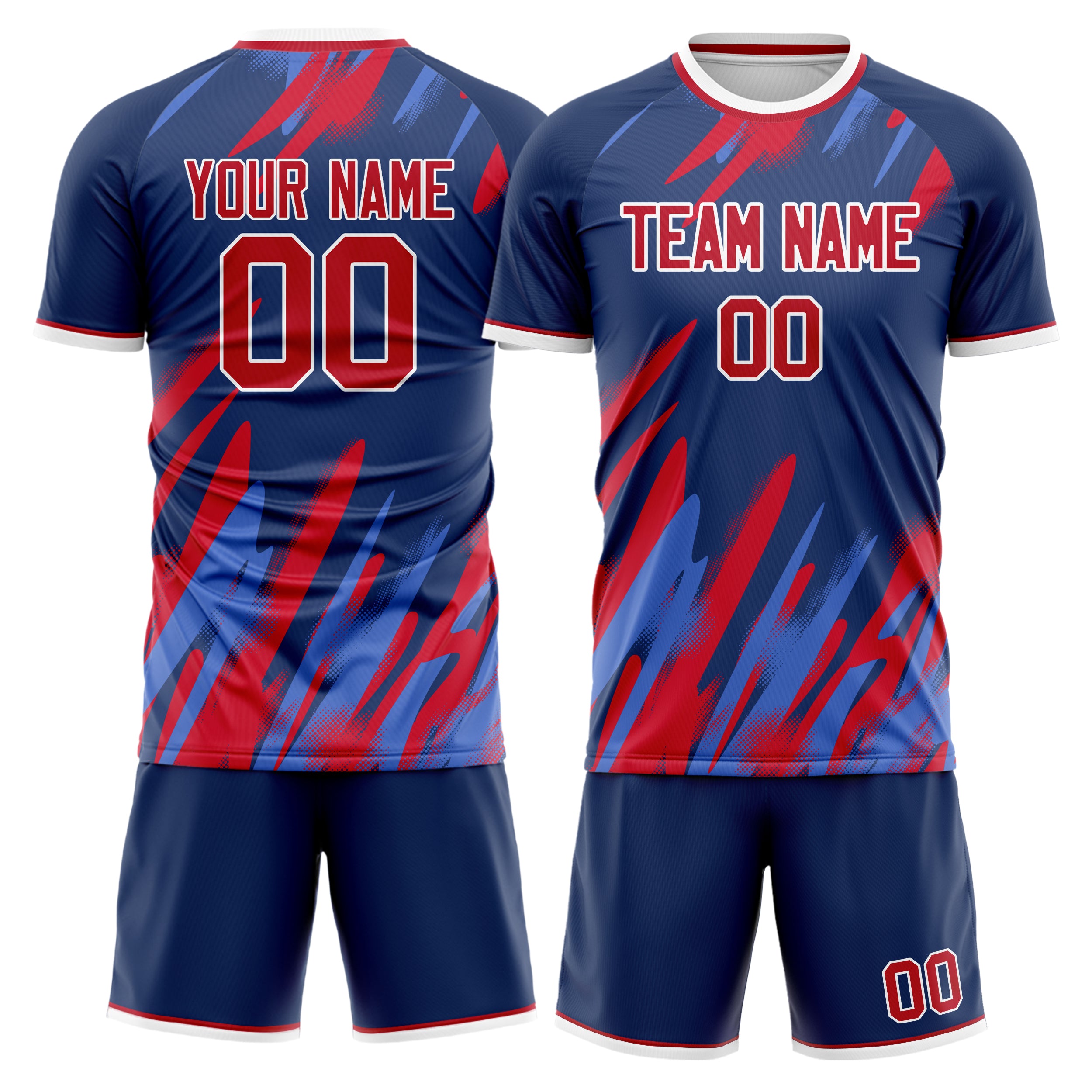 Custom Navy Red GeometricalPattern Soccer Jersey