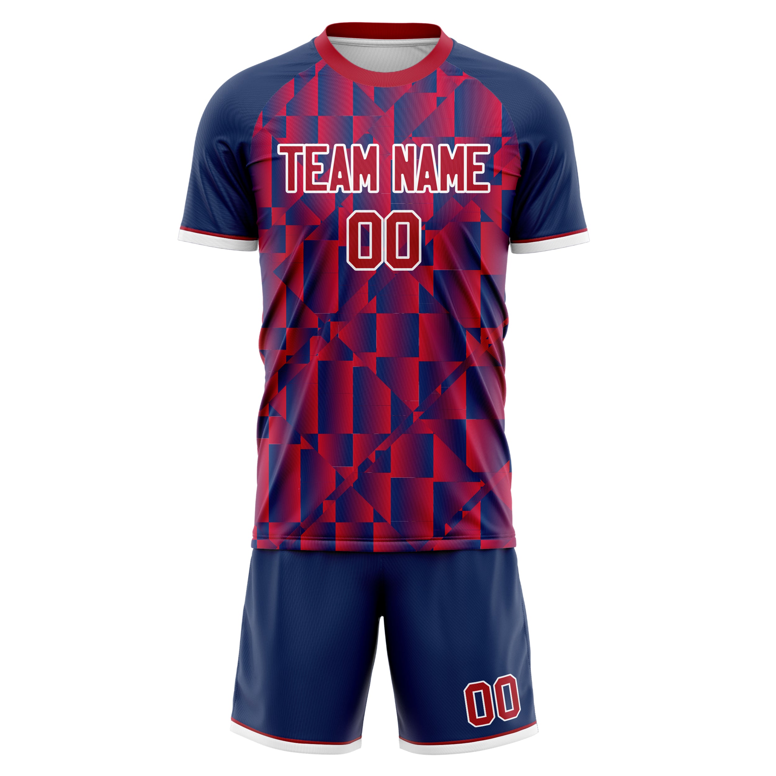 Custom Red Navy GeometricalPattern Soccer Jersey