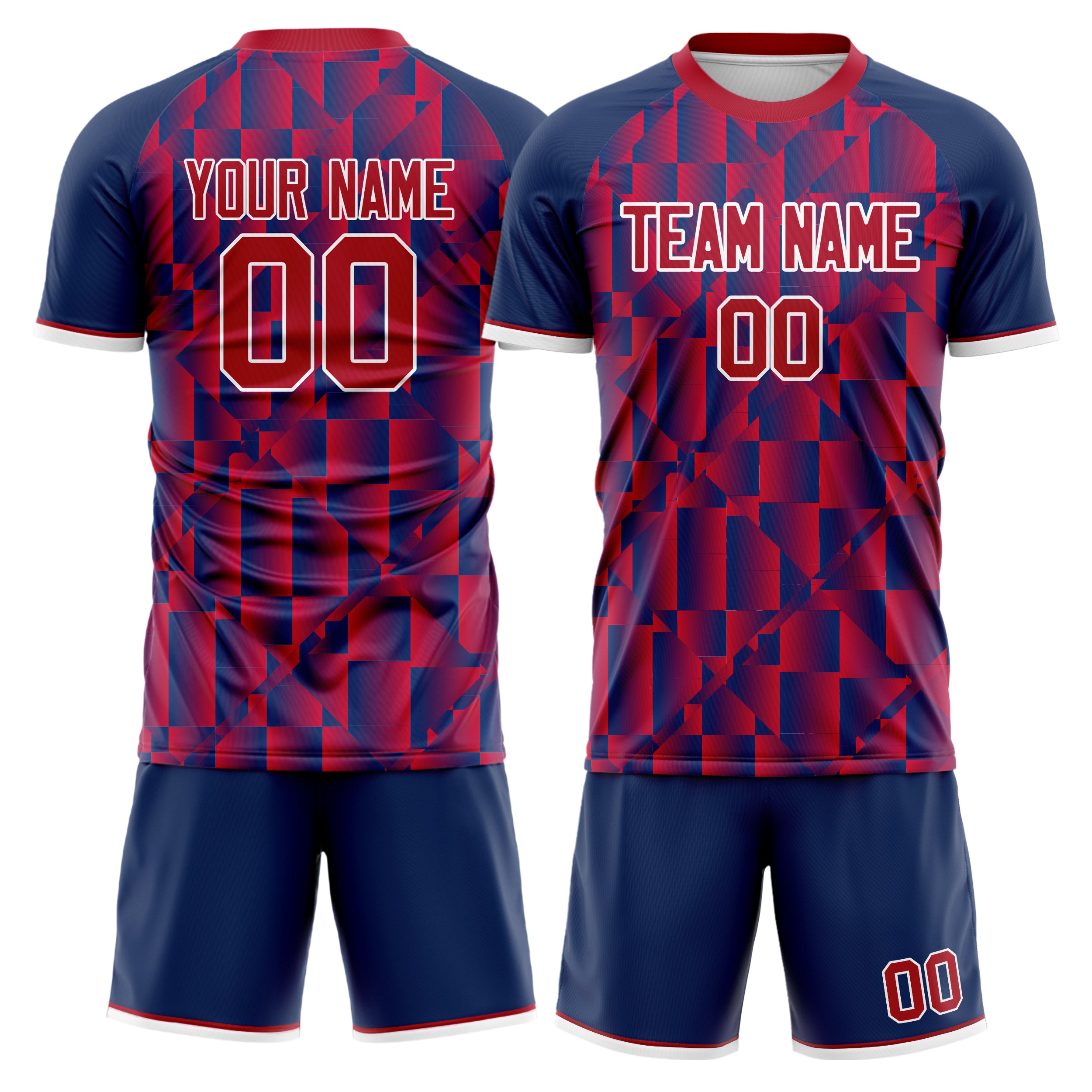 Custom Red Navy GeometricalPattern Soccer Jersey