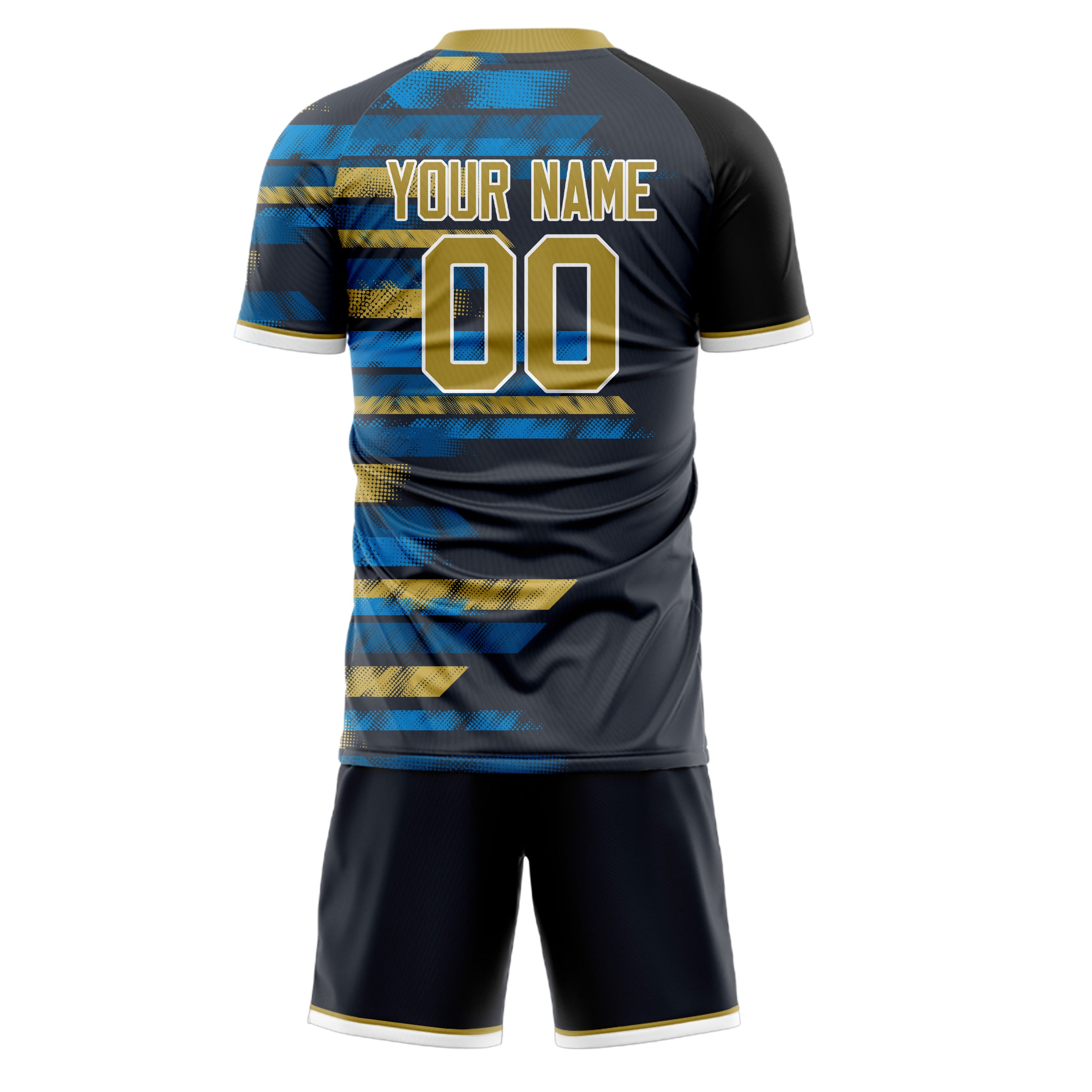 Custom Black Old Gold GeometricalPattern Soccer Jersey