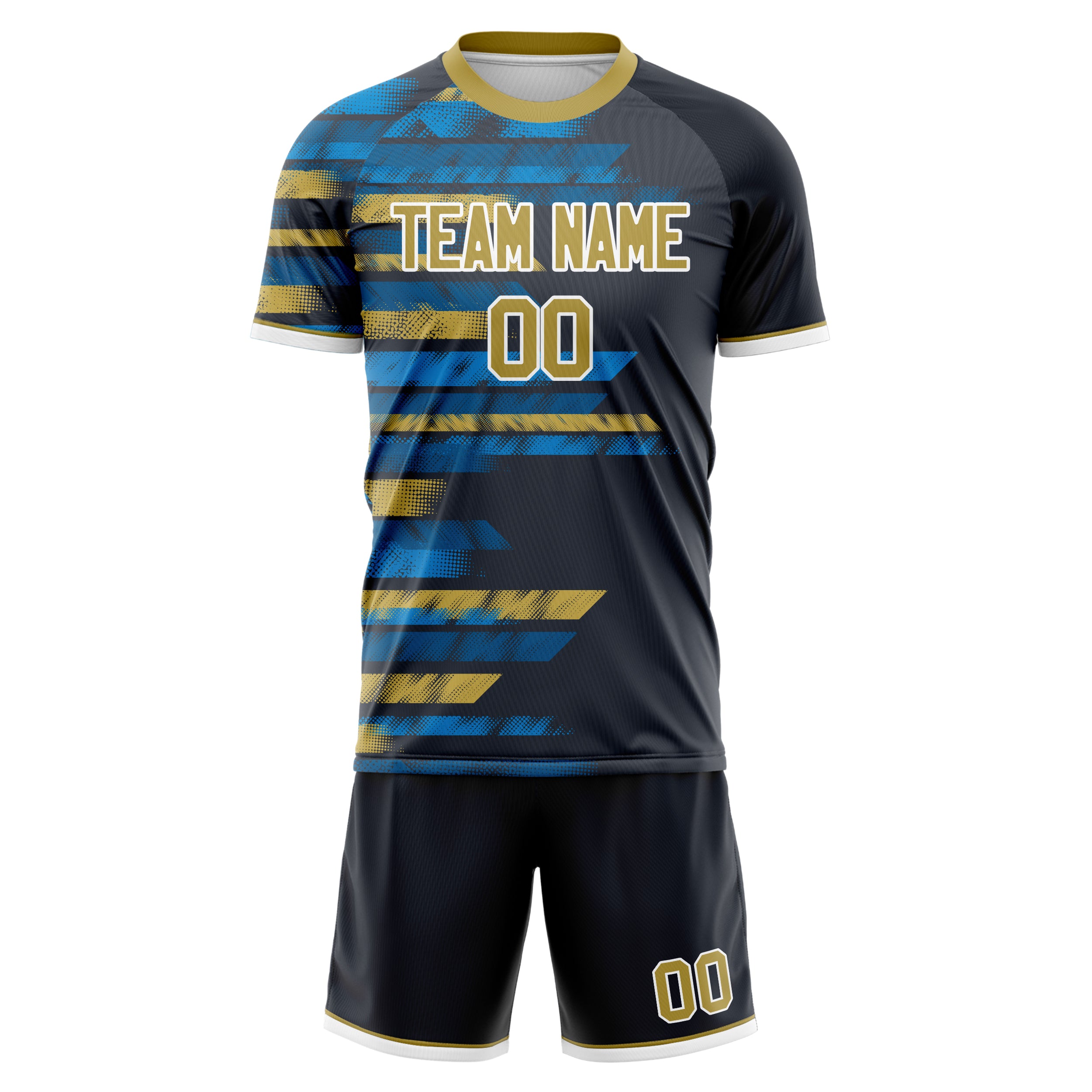 Custom Black Old Gold GeometricalPattern Soccer Jersey