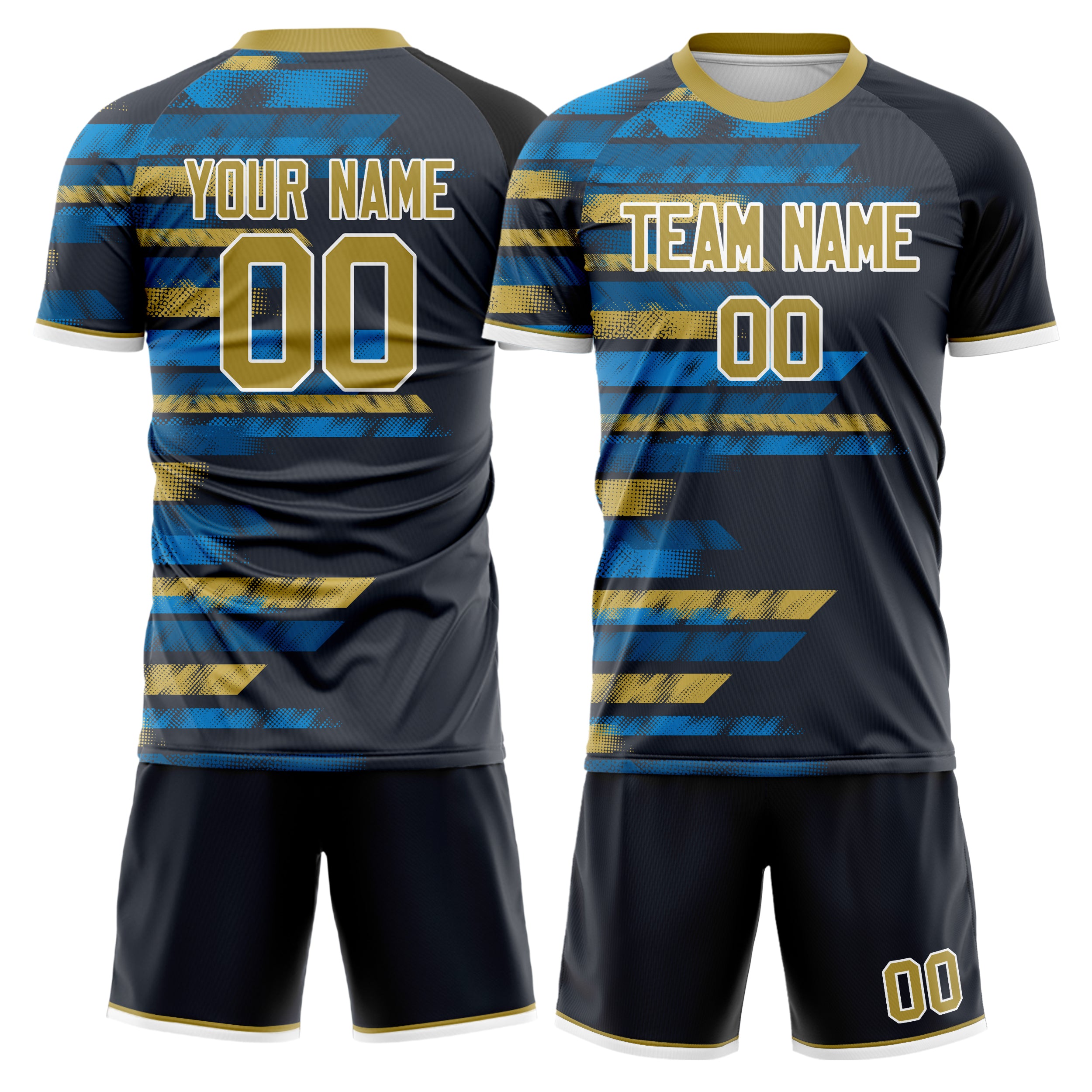 Custom Black Old Gold GeometricalPattern Soccer Jersey